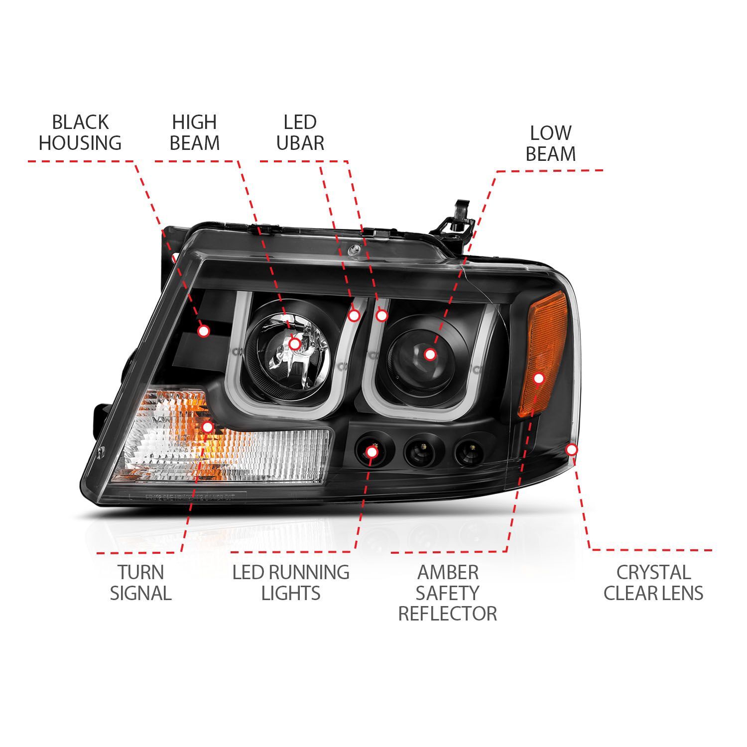 2004-2008 Ford F-150 Anzo Projector Headlights W/ U-Bar Black