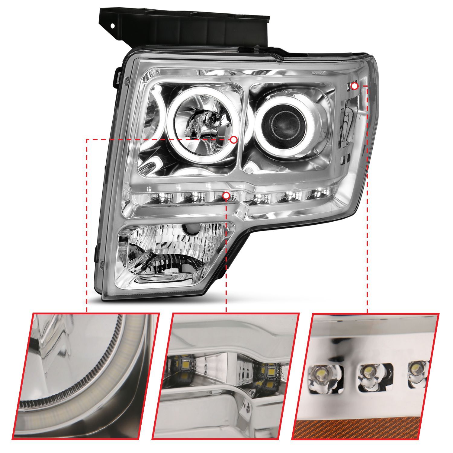 2009-2014 Ford F-150 Raptor Anzo Projector Headlights W/ Halo Chrome (SMD LED) G2
