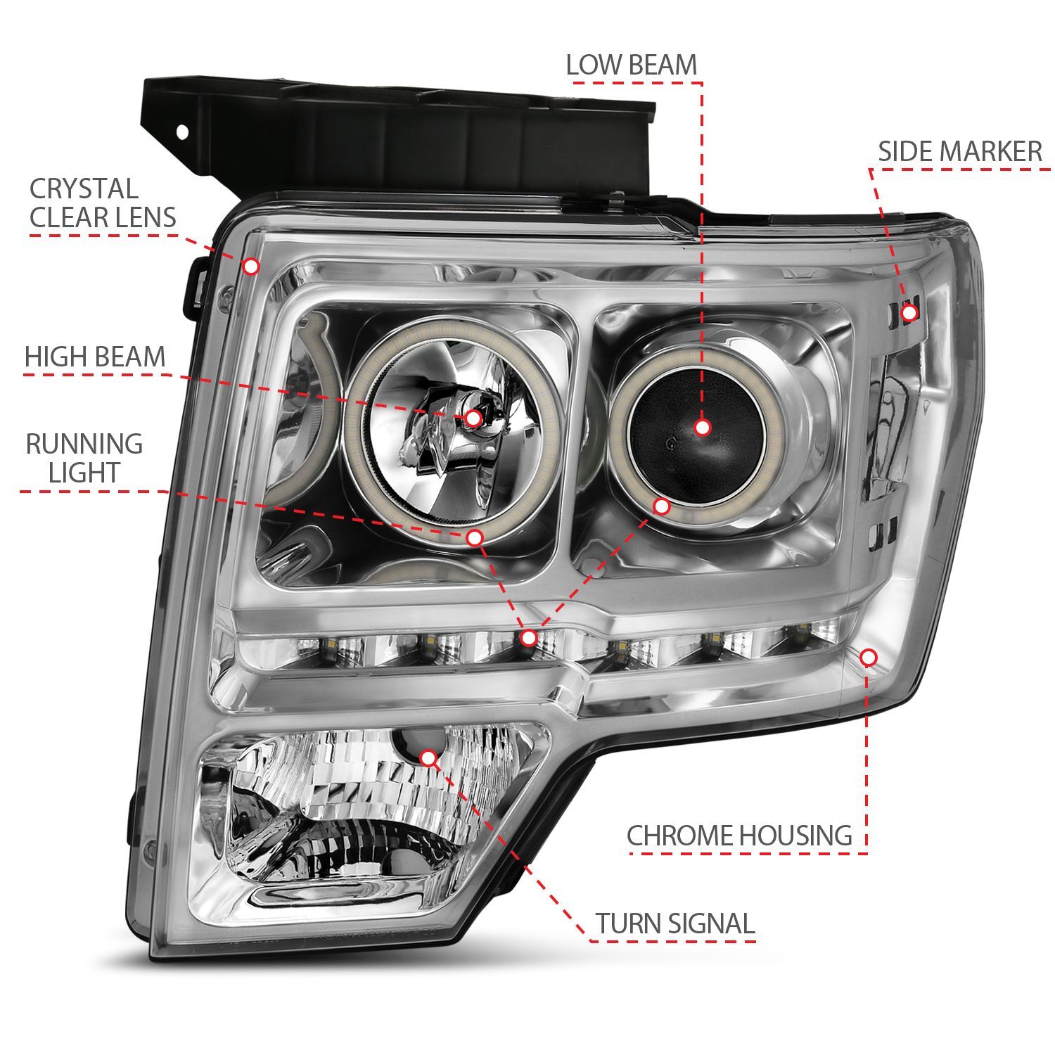 2009-2014 Ford F-150 Raptor Anzo Projector Headlights W/ Halo Chrome (SMD LED) G2