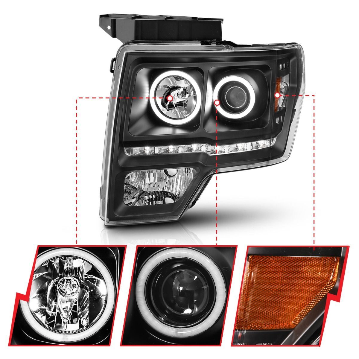 2009-2014 Ford F-150 Raptor Anzo Projector Headlights W/ Halo Black (SMD LED) G2