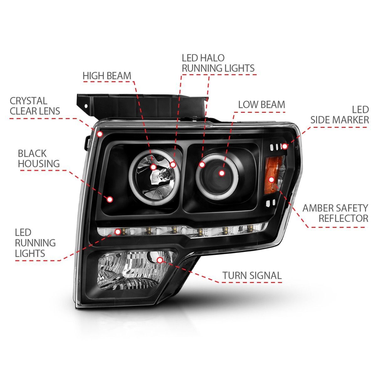 2009-2014 Ford F-150 Raptor Anzo Projector Headlights W/ Halo Black (SMD LED) G2