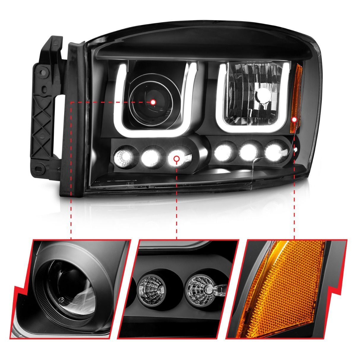 2006-2008 Dodge Ram 1500/2500/3500 Anzo Projector Headlights W/ U-Bar Black