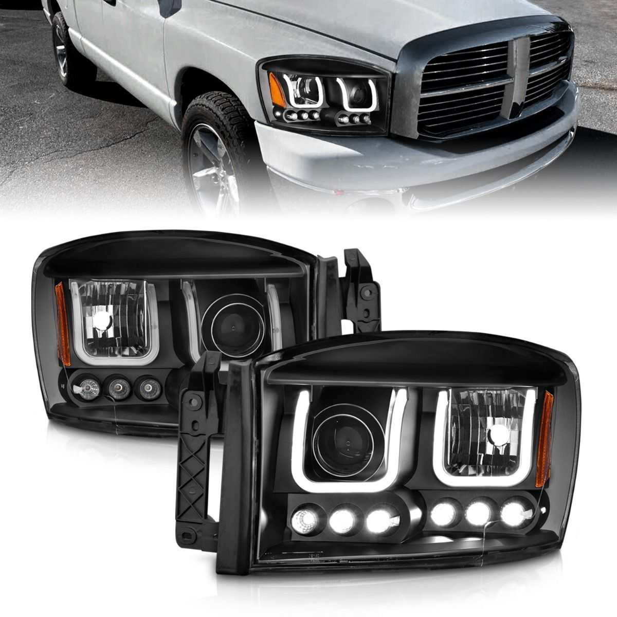 2006-2008 Dodge Ram 1500/2500/3500 Anzo Projector Headlights W/ U-Bar Black - 111314