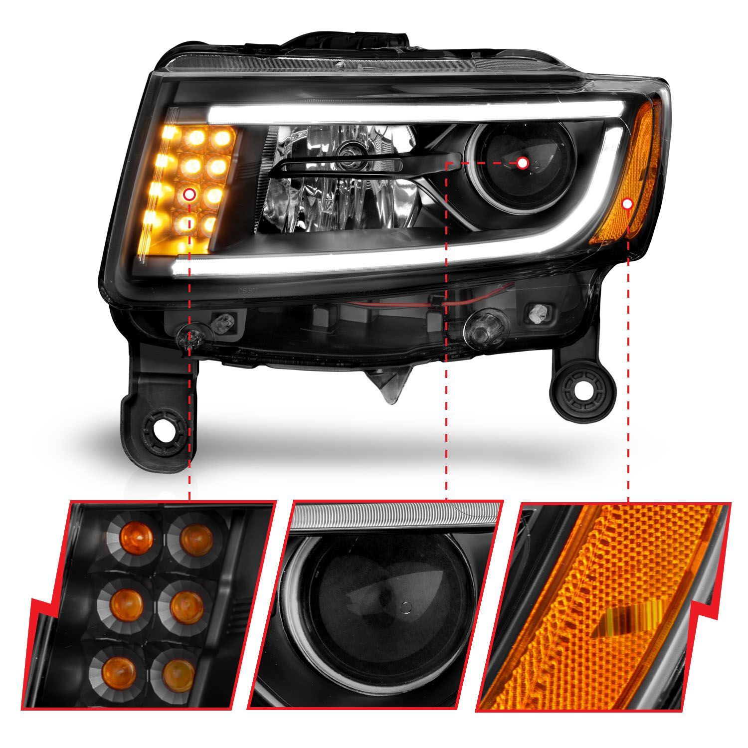 2014-2016 Jeep Grand Cherokee Anzo Projector Headlights W/ Plank Style Design Black