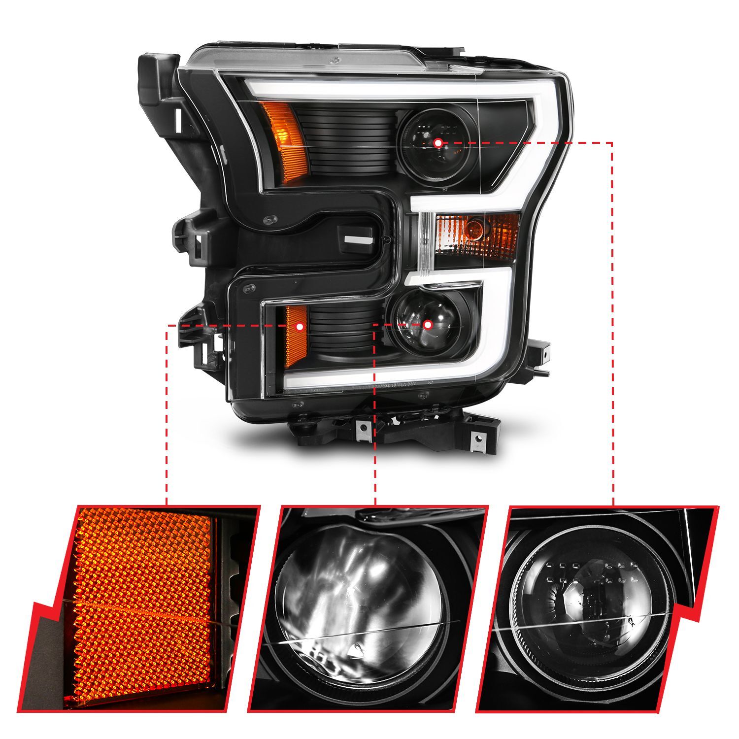 2015-2017 Ford F-150 XL/XLT Anzo Projector Headlights W/ Plank Style Switchback Black W/ Amber