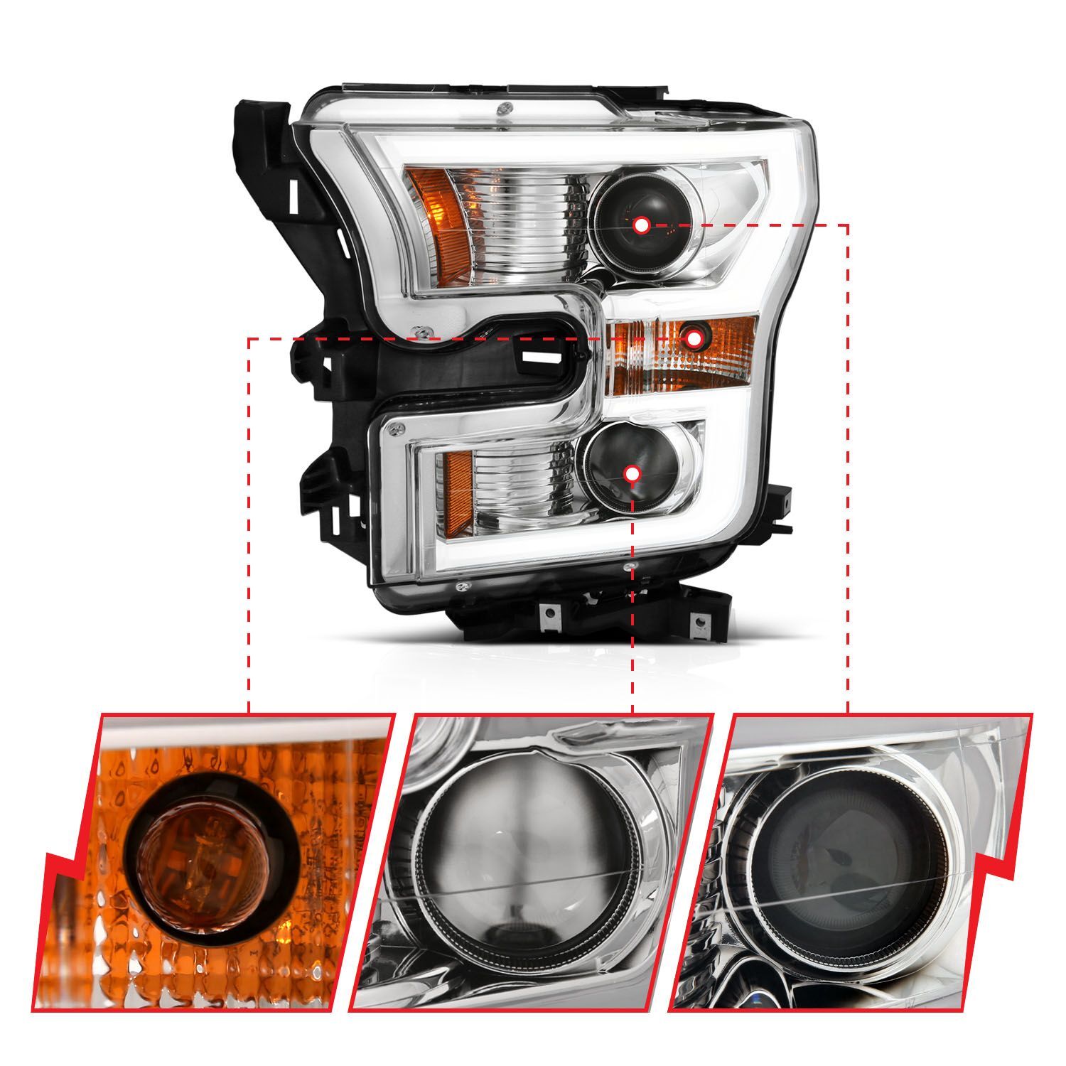 2015-2017 Ford F-150 XL/XLT Anzo Projector Headlights W/ Plank Style Switchback Chrome W/ Amber