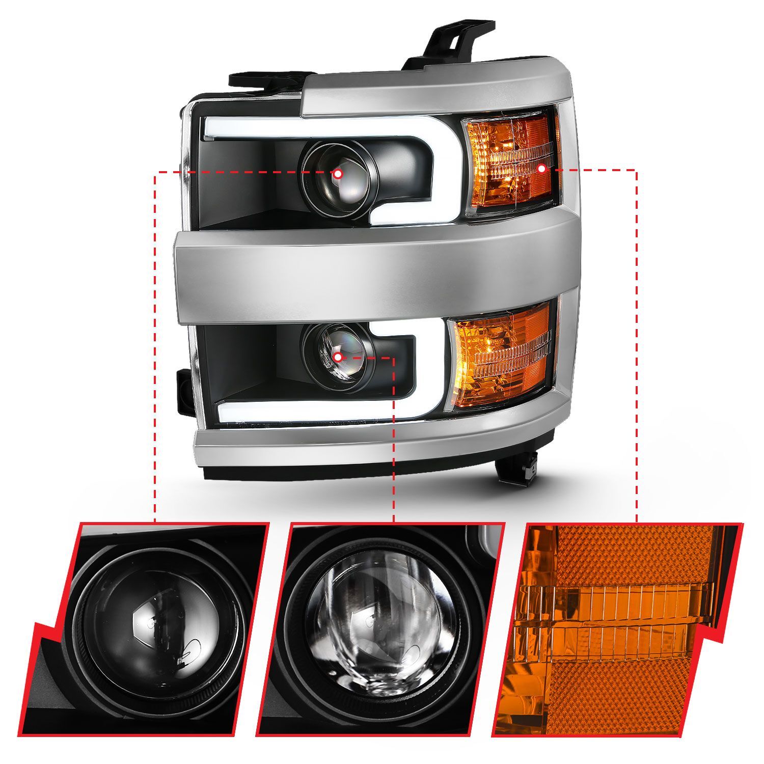 2015-2019 Chevrolet Silverado 2500 HD/Silverado 3500 HD Anzo Projector Headlights W/ Plank Style Design Black W/ Amber