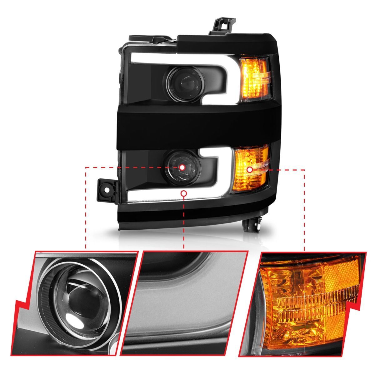 2015-2019 Chevrolet Silverado 2500 HD/Silverado 3500 HD Anzo Projector Headlights W/ Plank Style Design Black W/ Amber
