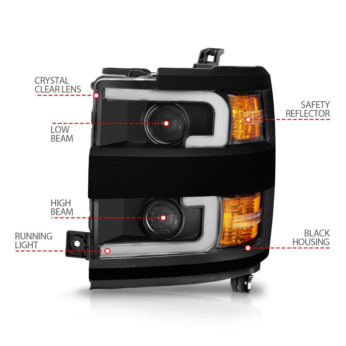 2015-2019 Chevrolet Silverado 2500 HD/Silverado 3500 HD Anzo Projector Headlights W/ Plank Style Design Black W/ Amber