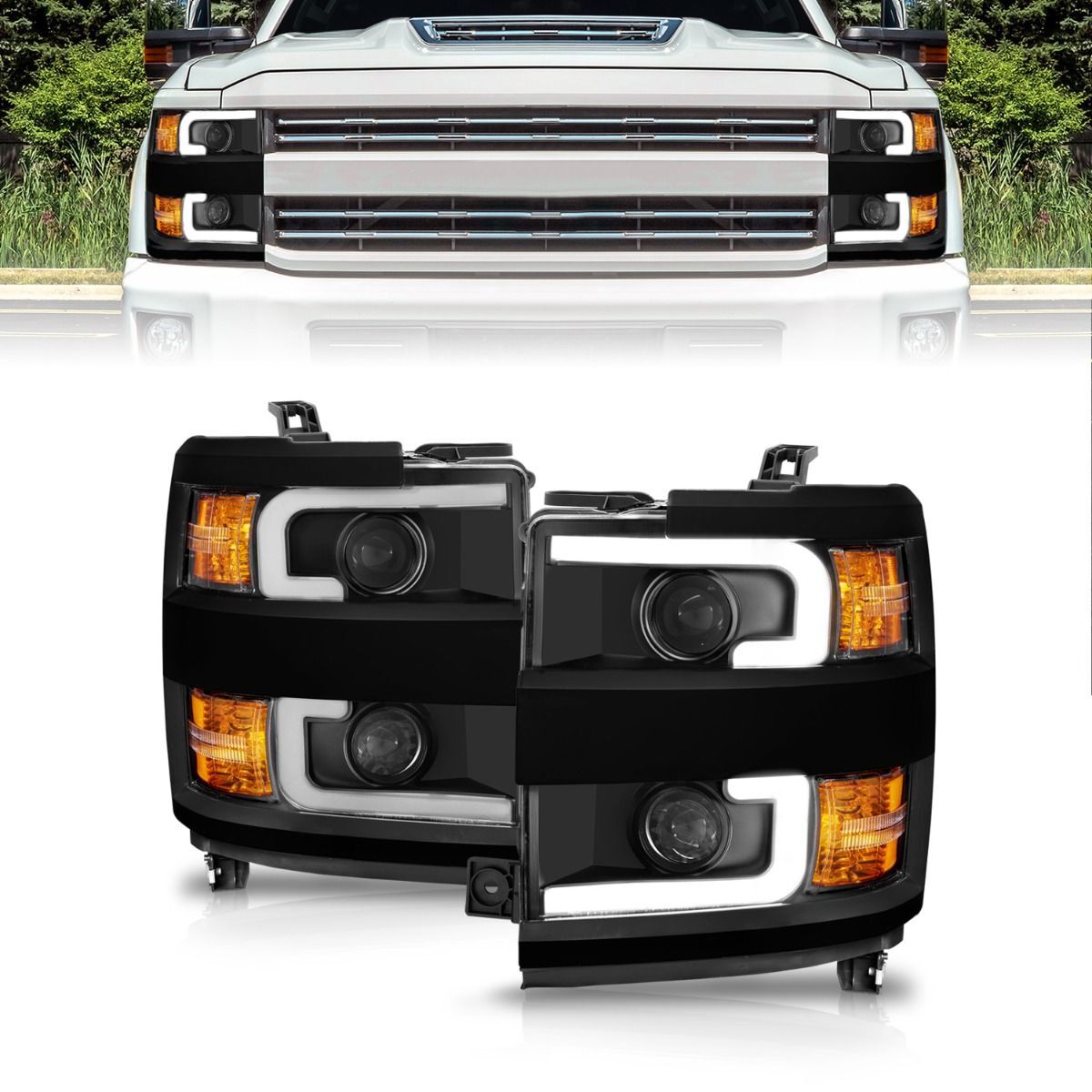 2015-2019 Chevrolet Silverado 2500 HD/Silverado 3500 HD Anzo Projector Headlights W/ Plank Style Design Black W/ Amber - 111363