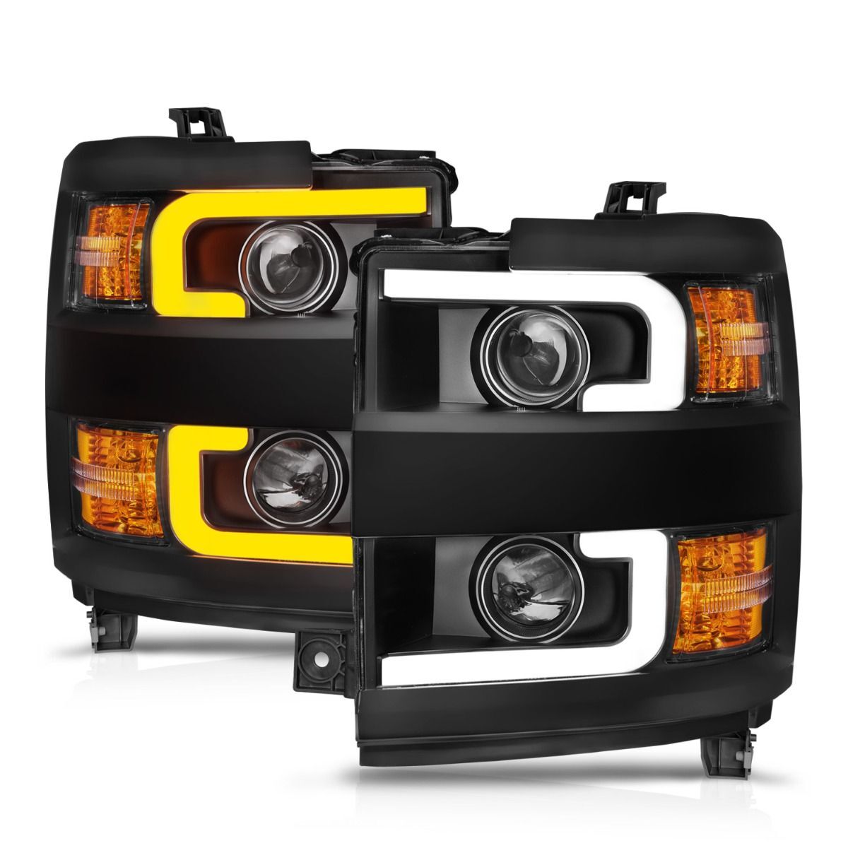 2015-2019 Chevrolet Silverado 2500 HD/Silverado 3500 HD Anzo Projector Headlights W/ Plank Style Switchback Black W/ Amber (Black Rim)