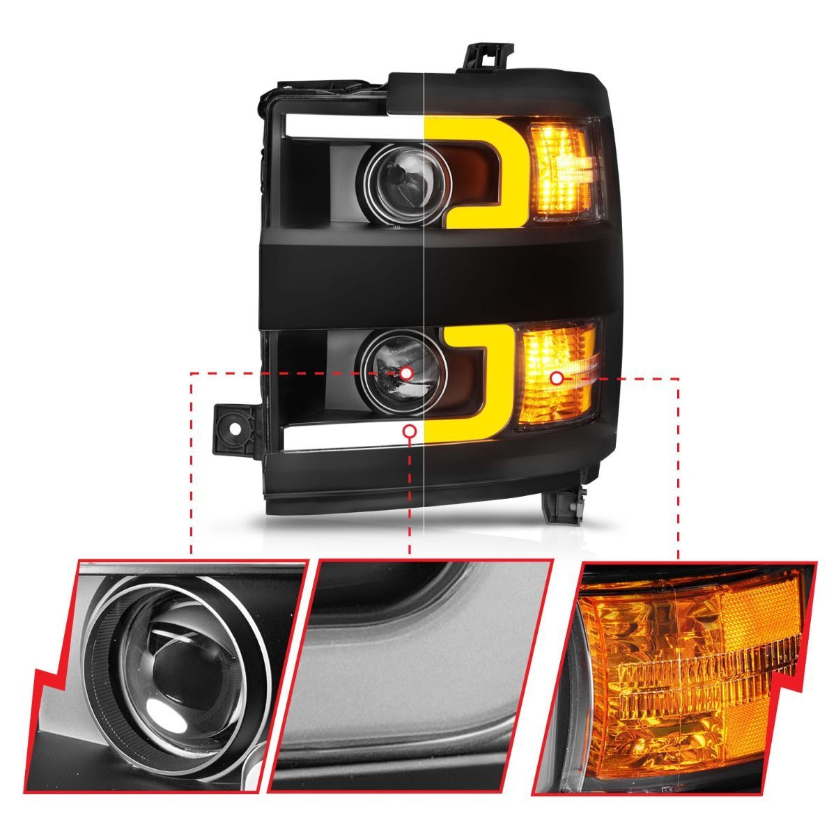 2015-2019 Chevrolet Silverado 2500 HD/Silverado 3500 HD Anzo Projector Headlights W/ Plank Style Switchback Black W/ Amber (Black Rim)
