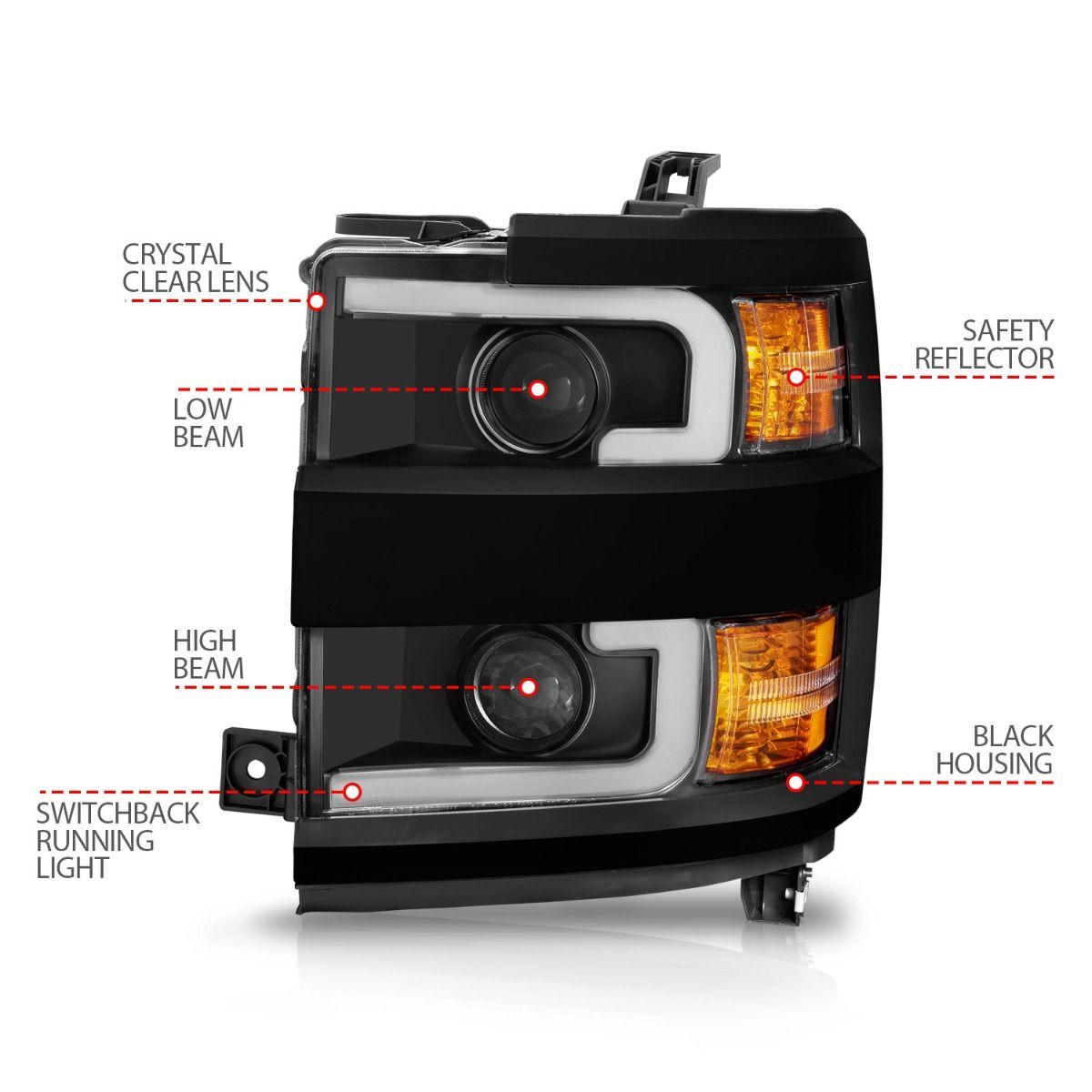 2015-2019 Chevrolet Silverado 2500 HD/Silverado 3500 HD Anzo Projector Headlights W/ Plank Style Switchback Black W/ Amber (Black Rim)