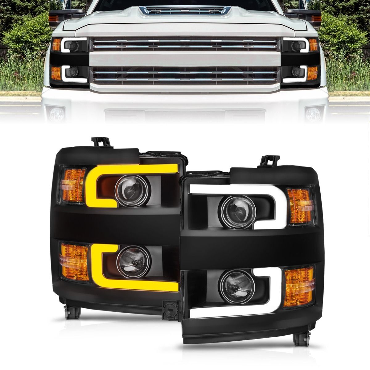 2015-2019 Chevrolet Silverado 2500 HD/Silverado 3500 HD Anzo Projector Headlights W/ Plank Style Switchback Black W/ Amber (Black Rim) - 111364