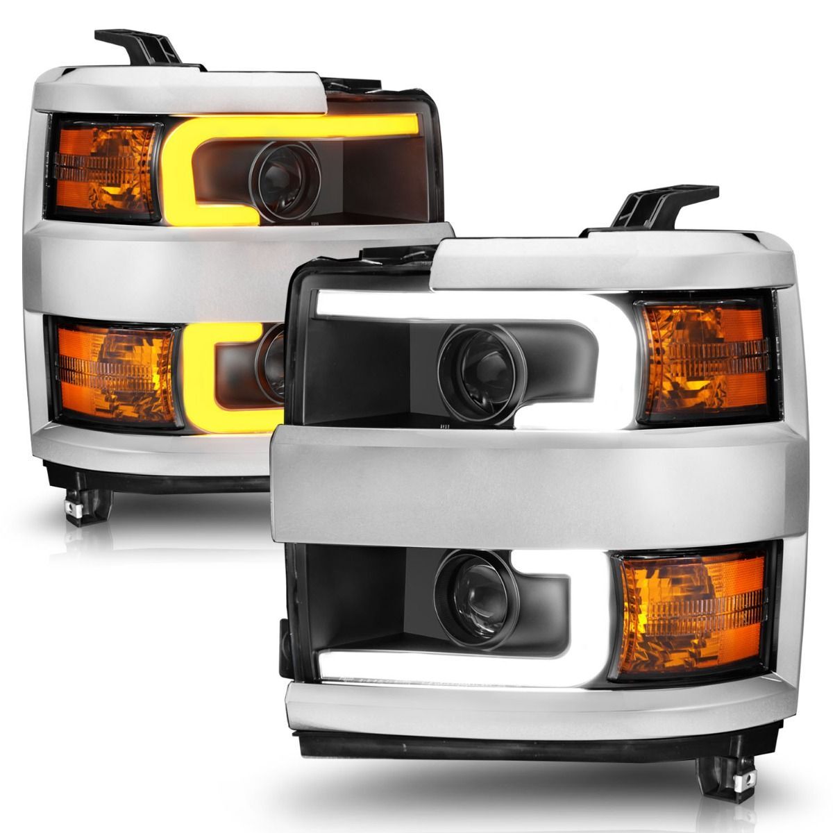 2015-2019 Chevrolet Silverado 2500 HD/Silverado 3500 HD Anzo Projector Headlights W/ Plank Style Switchback Black W/ Amber (Chrome Rim)