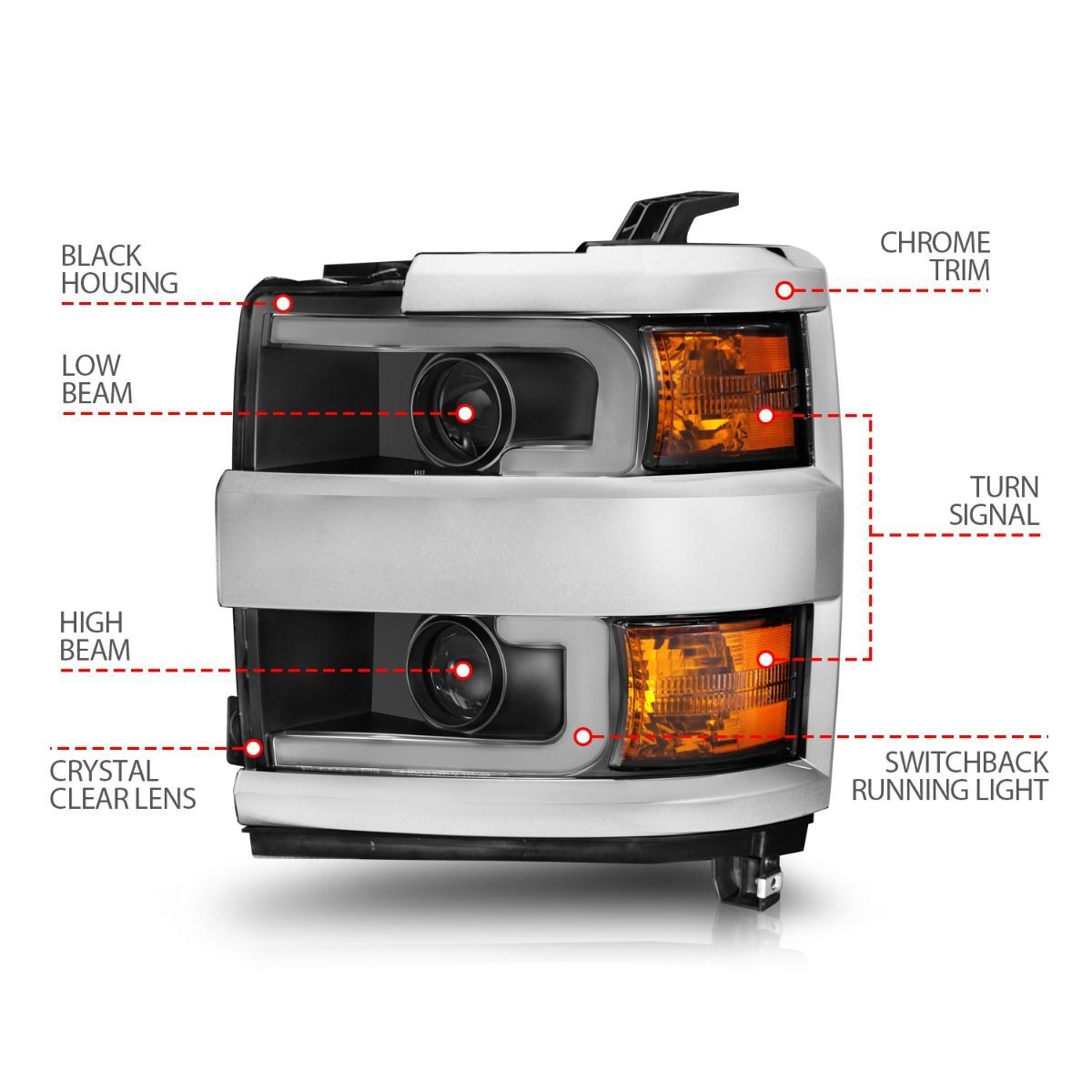 2015-2019 Chevrolet Silverado 2500 HD/Silverado 3500 HD Anzo Projector Headlights W/ Plank Style Switchback Black W/ Amber (Chrome Rim)