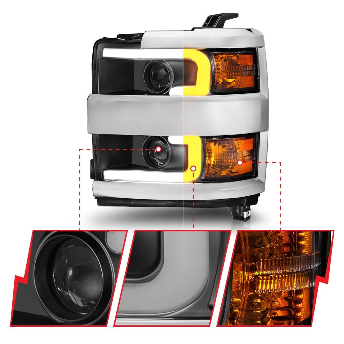 2015-2019 Chevrolet Silverado 2500 HD/Silverado 3500 HD Anzo Projector Headlights W/ Plank Style Switchback Black W/ Amber (Chrome Rim)
