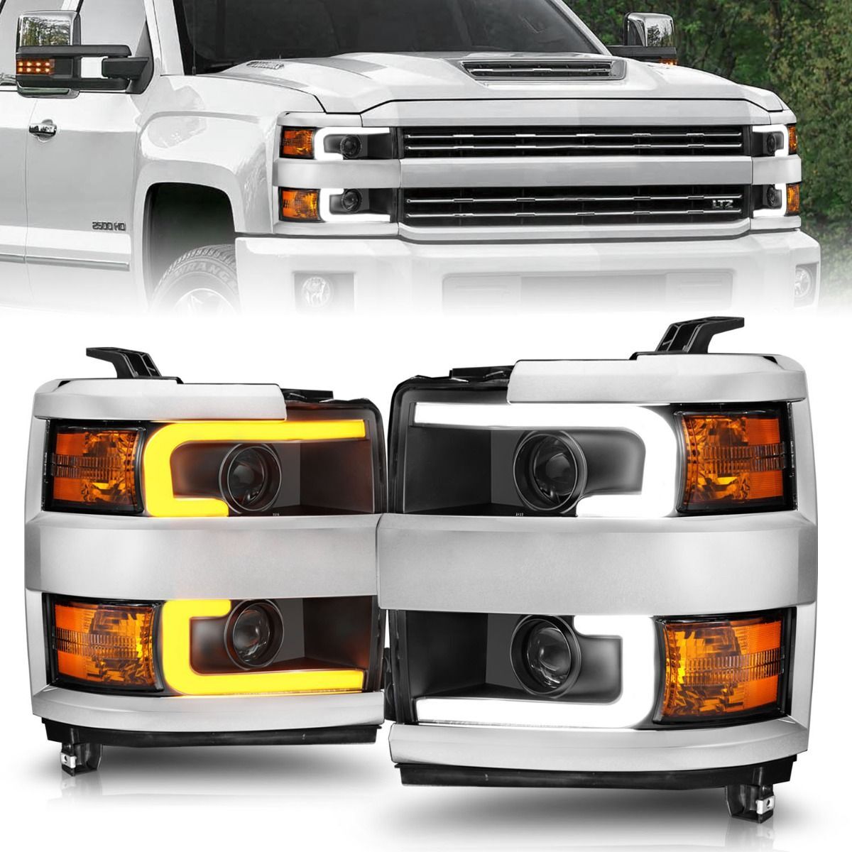 2015-2019 Chevrolet Silverado 2500 HD/Silverado 3500 HD Anzo Projector Headlights W/ Plank Style Switchback Black W/ Amber (Chrome Rim) - 111365