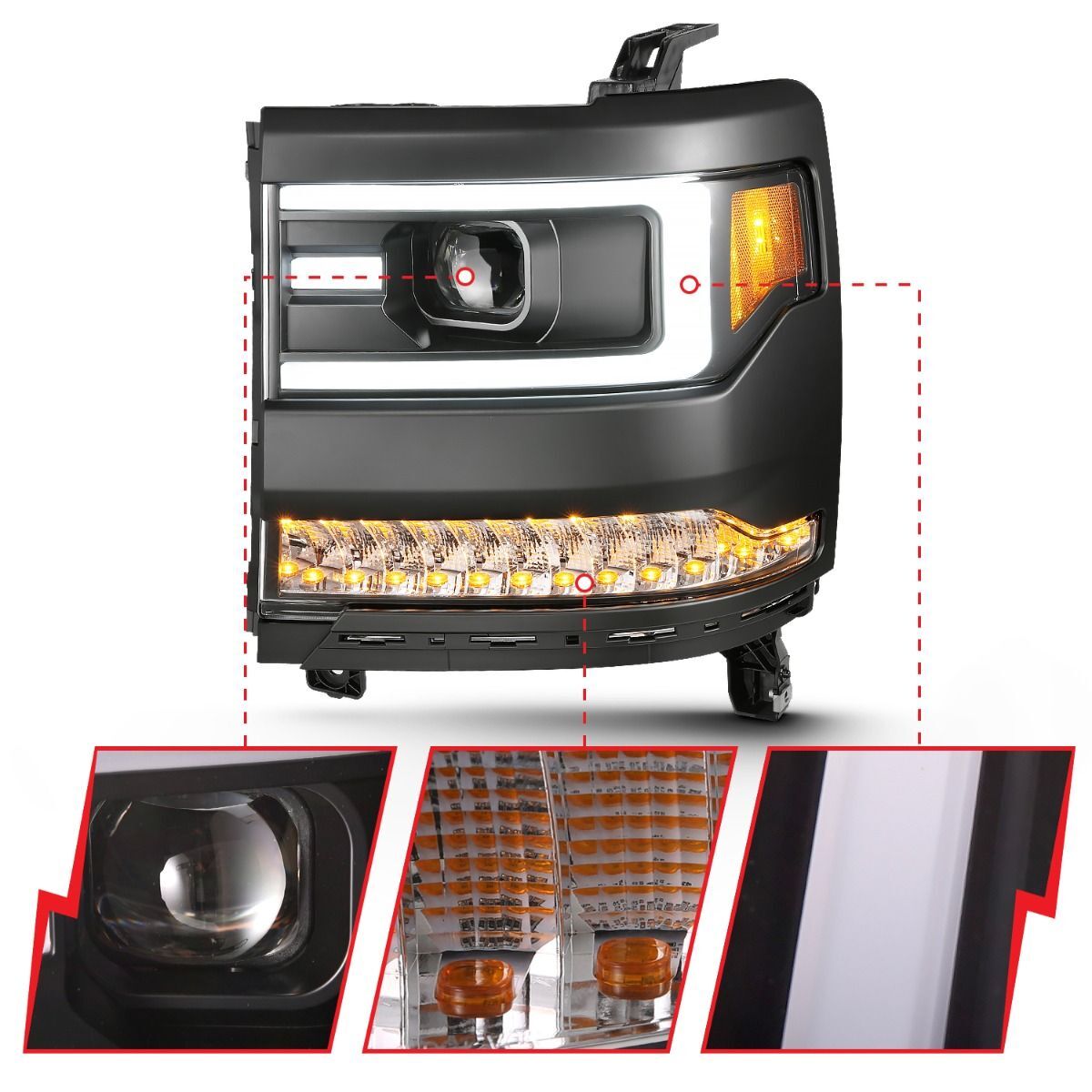 2016-2018 Chevrolet Silverado 1500 Anzo Projector Headlights W/ Plank Style Design Black W/ Amber (Hid Type) (Without Hid Kit)