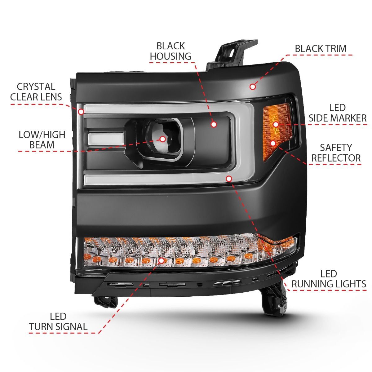 2016-2018 Chevrolet Silverado 1500 Anzo Projector Headlights W/ Plank Style Design Black W/ Amber (Hid Type) (Without Hid Kit)
