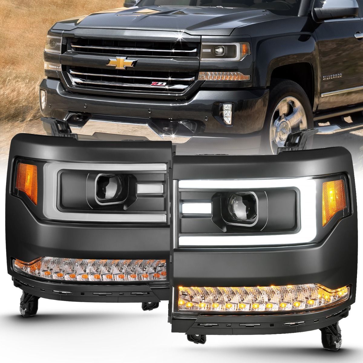 2016-2018 Chevrolet Silverado 1500 Anzo Projector Headlights W/ Plank Style Design Black W/ Amber (Hid Type) (Without Hid Kit) - 111373