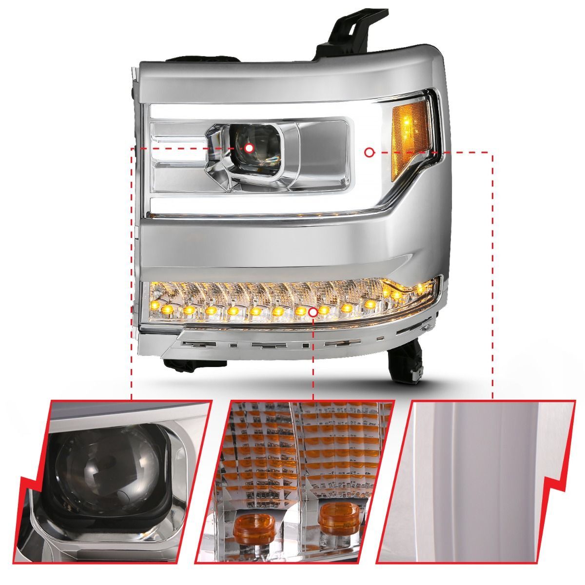 2016-2018 Chevrolet Silverado 1500 Anzo Projector Headlights W/ Plank Style Design Chrome W/ Amber (Hid Type) (Without Hid Kit)