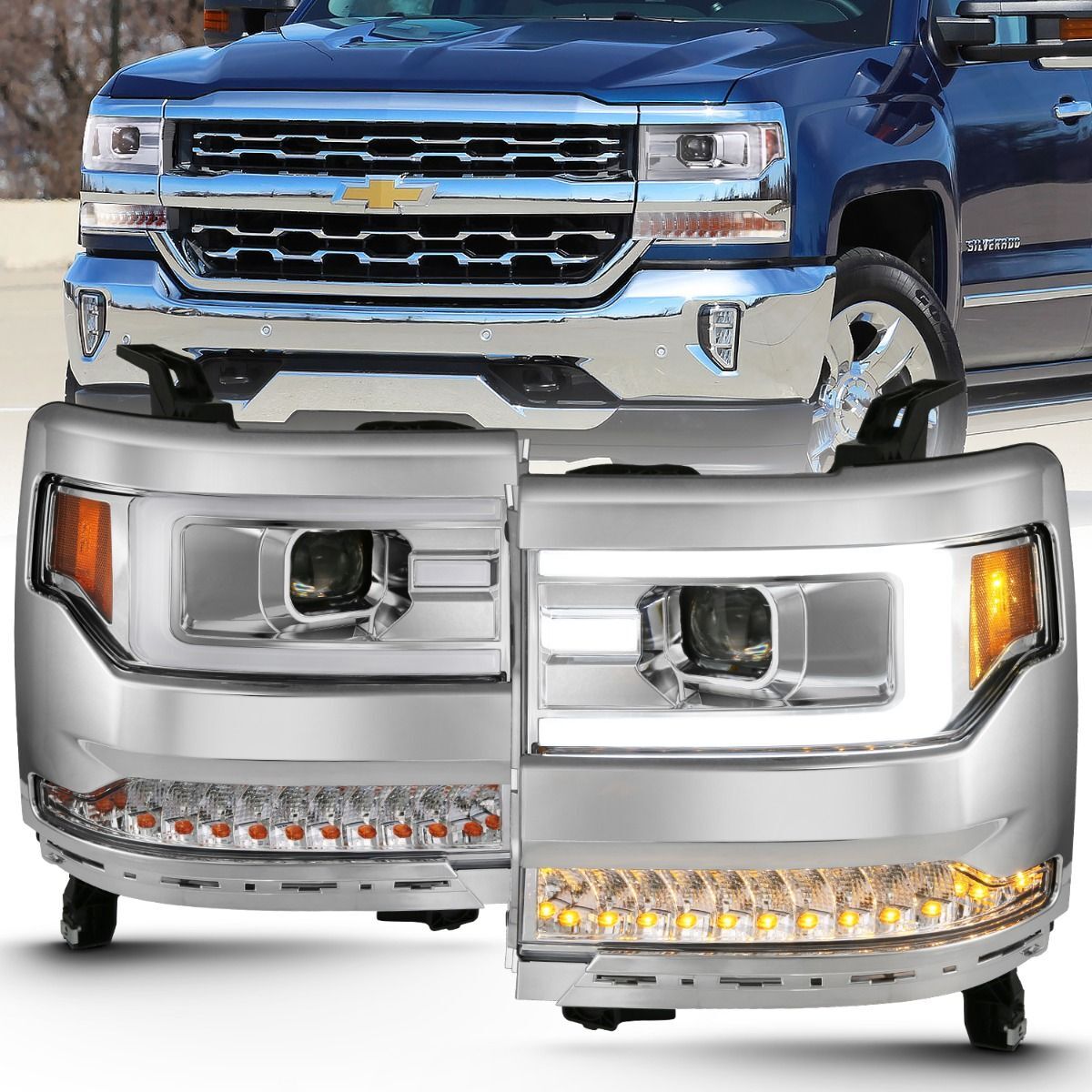 2016-2018 Chevrolet Silverado 1500 Anzo Projector Headlights W/ Plank Style Design Chrome W/ Amber (Hid Type) (Without Hid Kit) - 111374