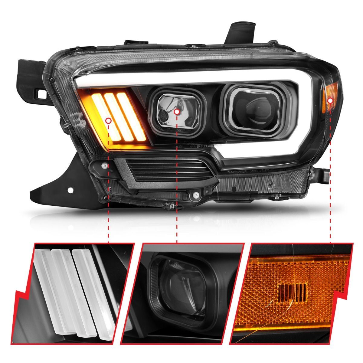2016-2023 Toyota Tacoma Anzo Projector Headlights W/ Plank Style Design Black W/ Amber