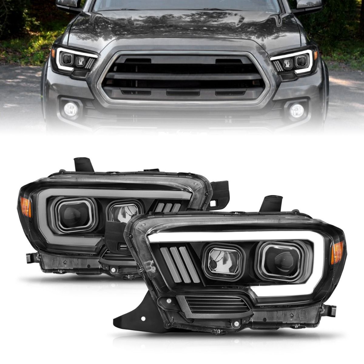 2016-2023 Toyota Tacoma Anzo Projector Headlights W/ Plank Style Design Black W/ Amber - 111377