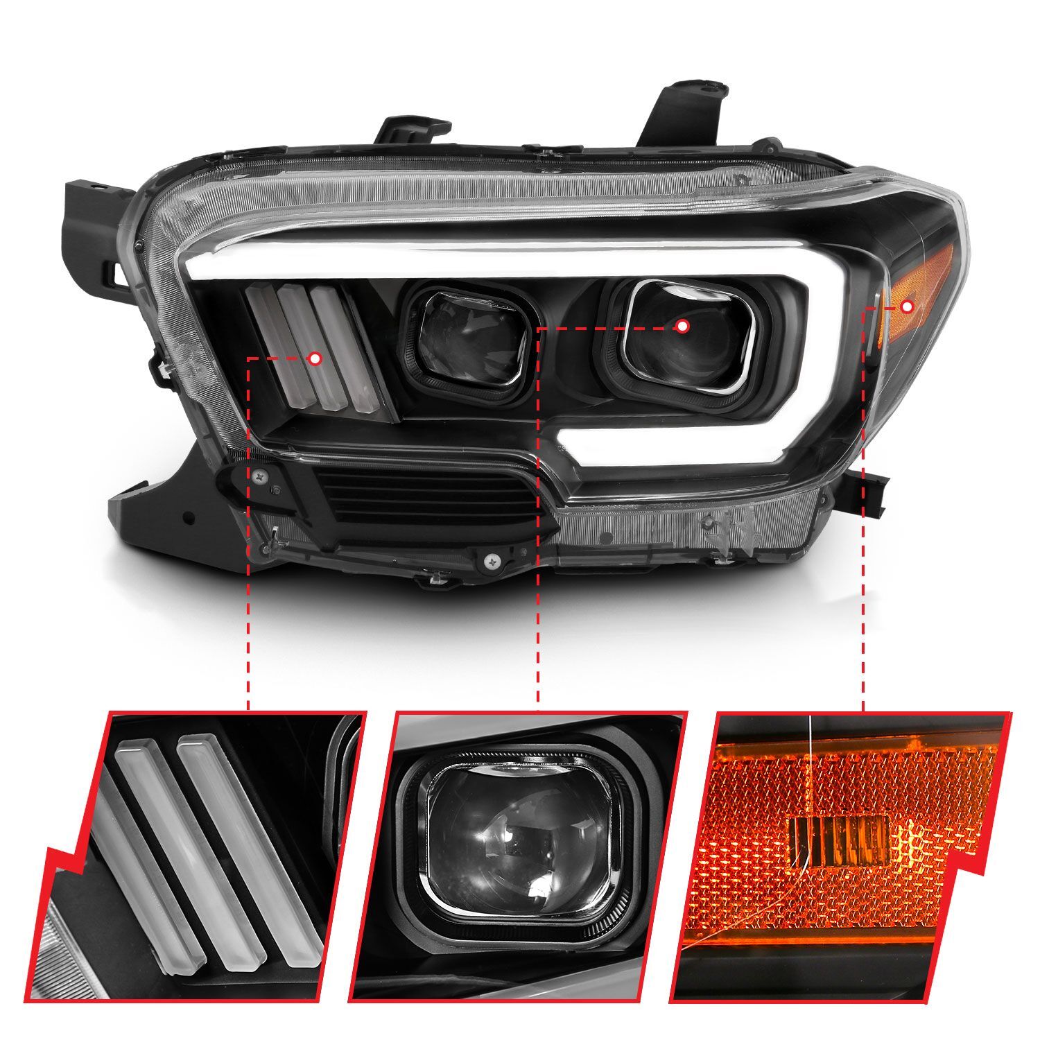 2016-2023 Toyota Tacoma Anzo Projector Headlights W/ Plank Style Design Black/Amber W/ DRL