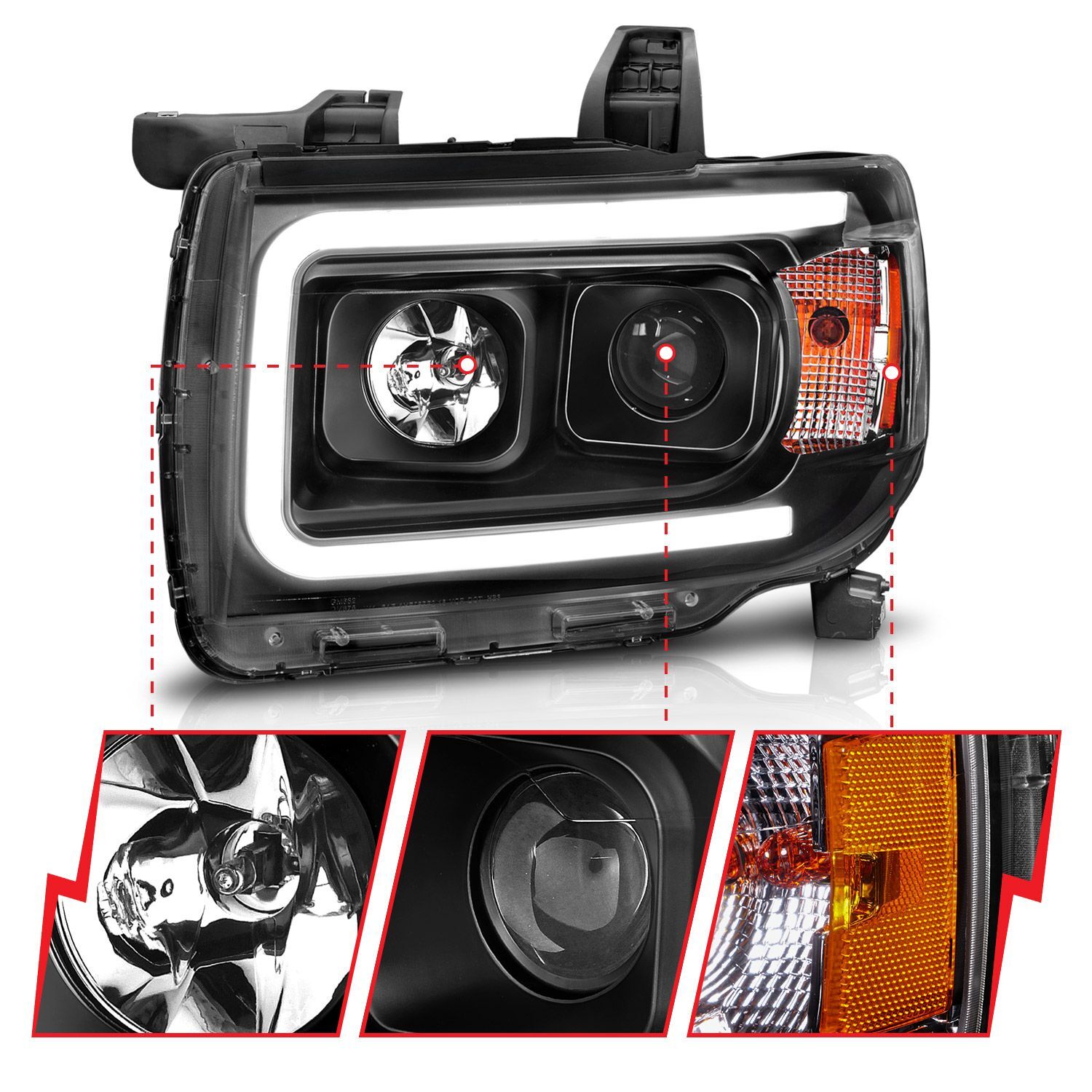 2015-2019 GMC Canyon Anzo Projector Headlights W/ Plank Style Design Black W/ Amber