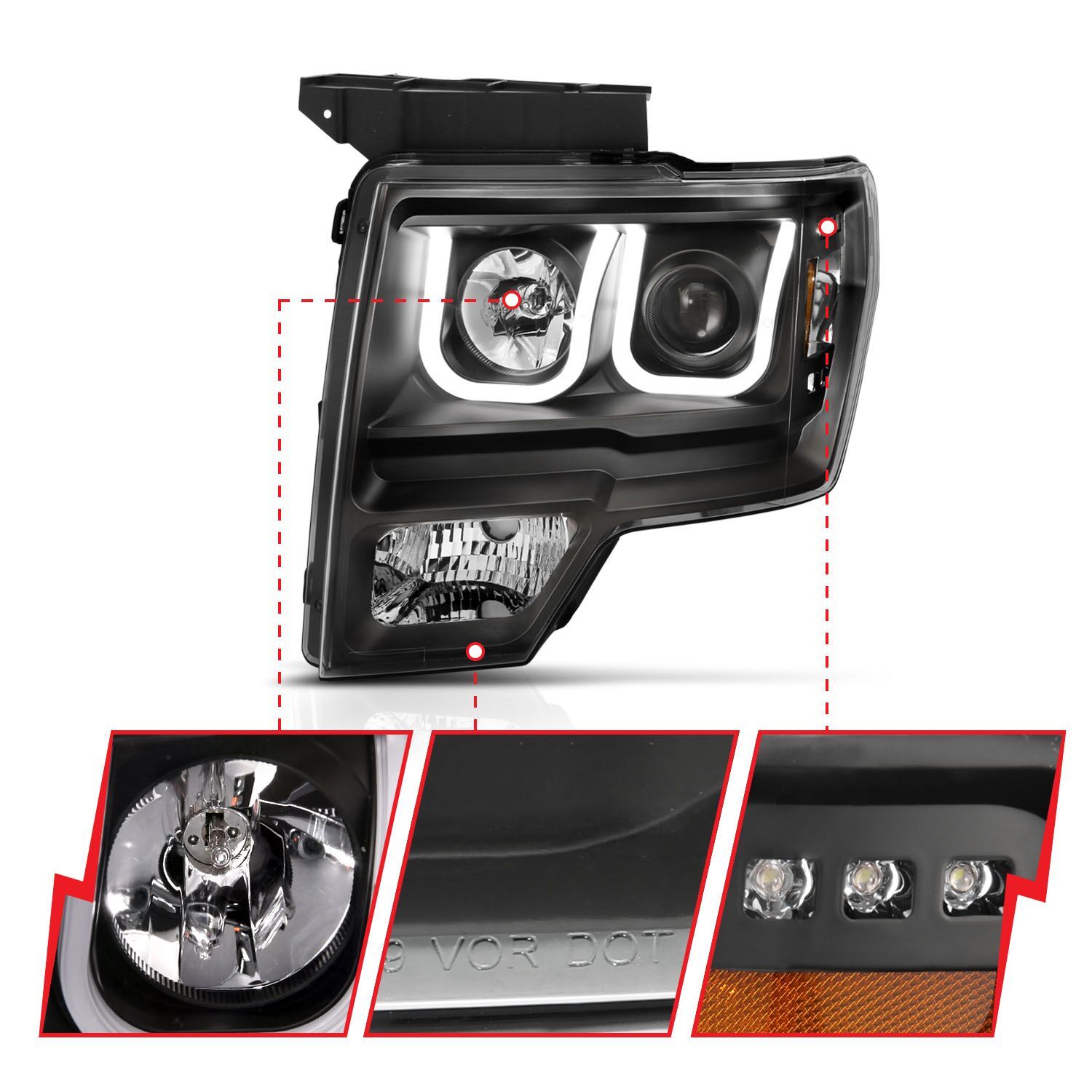 2009-2014 Ford F-150 Anzo Projector Headlights W/ U-Bar Switchback Black W/ Amber