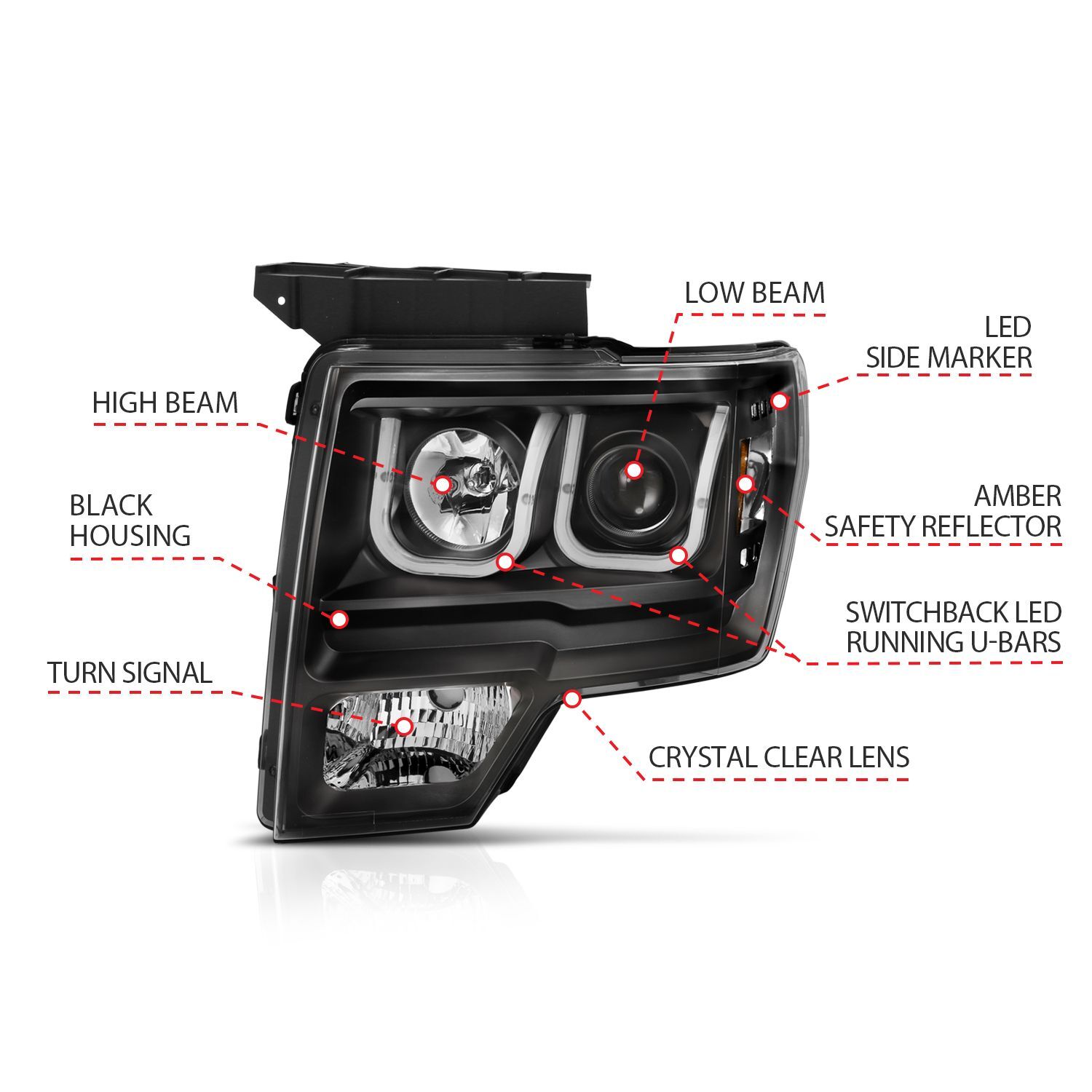2009-2014 Ford F-150 Anzo Projector Headlights W/ U-Bar Switchback Black W/ Amber