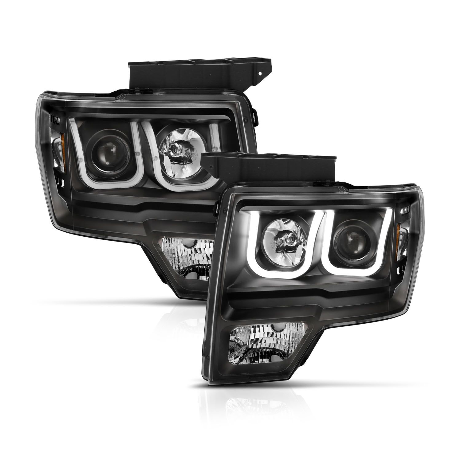 2009-2014 Ford F-150 Anzo Projector Headlights W/ U-Bar Switchback Black W/ Amber - 111383