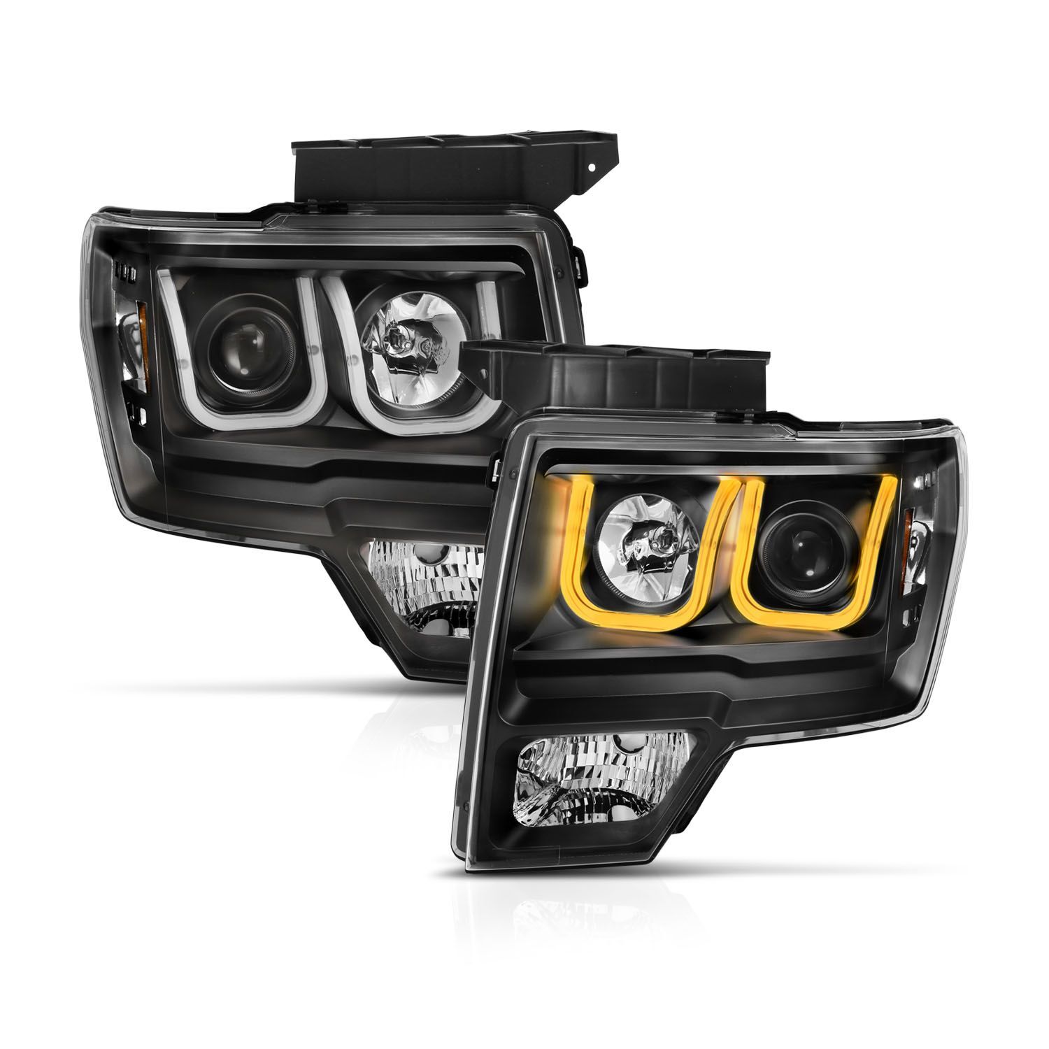 2009-2014 Ford F-150 Anzo Projector Headlights W/ U-Bar Switchback Black W/ Amber