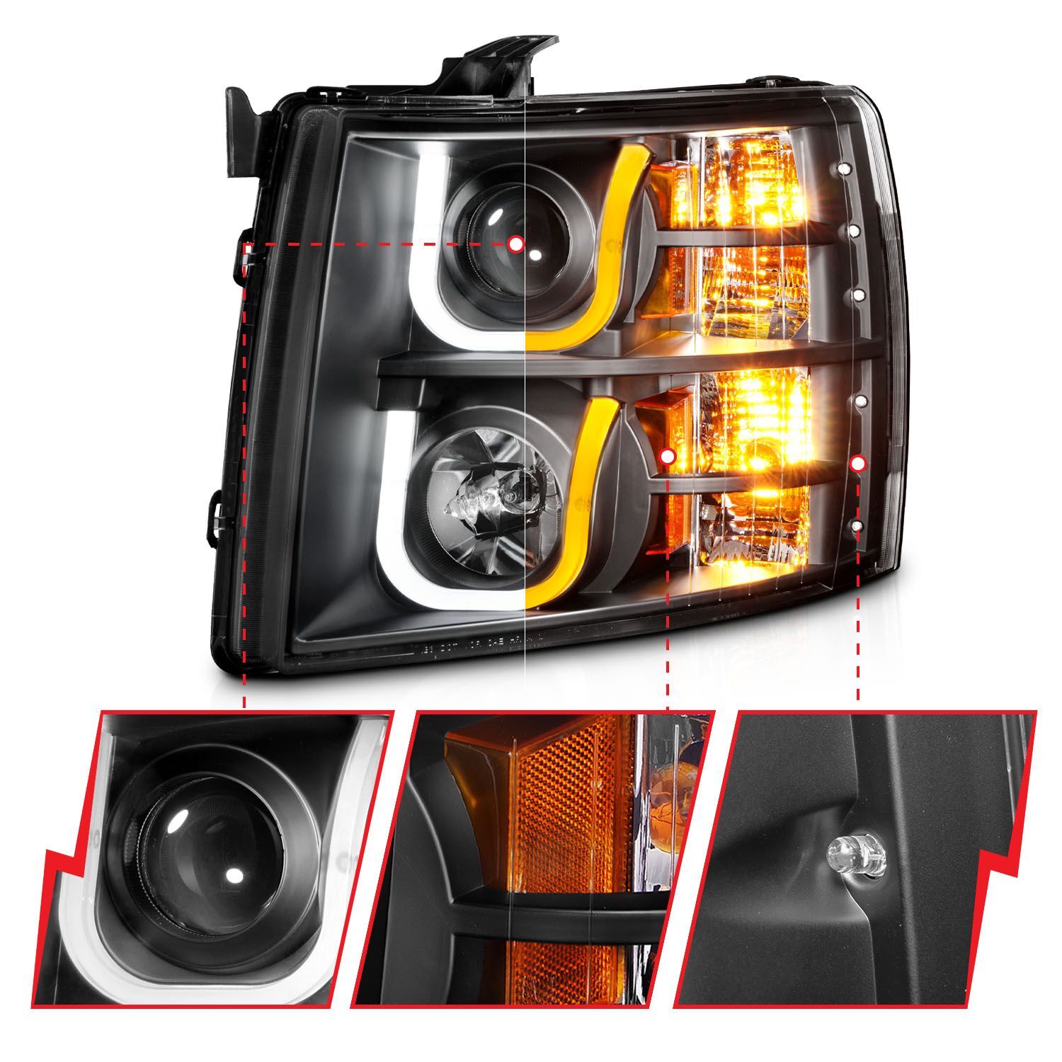 2007-2014 Chevrolet Silverado 1500/2500 HD/3500 HD Anzo Projector Headlights W/ U-Bar Switchback Black W/ Amber