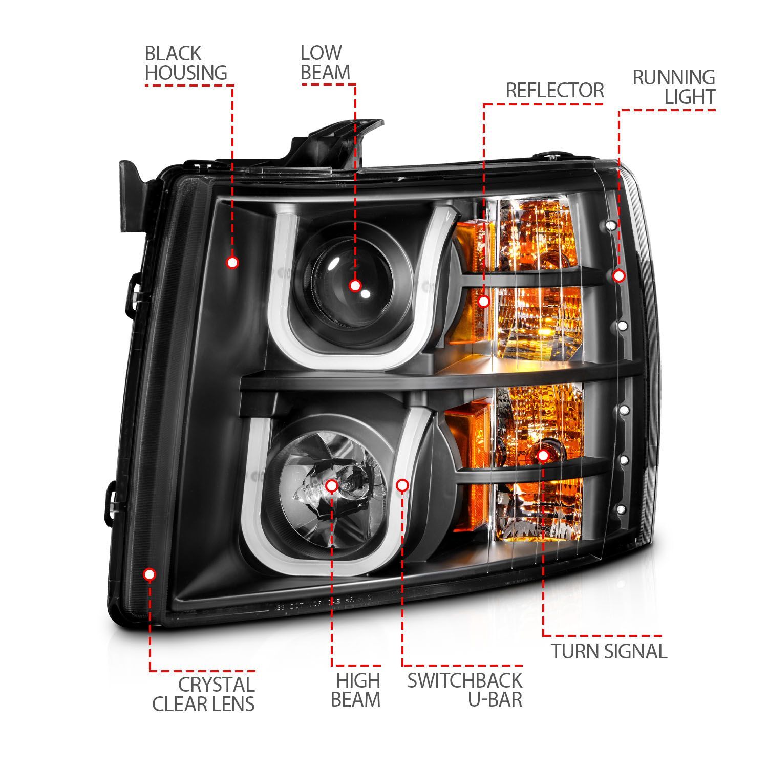 2007-2014 Chevrolet Silverado 1500/2500 HD/3500 HD Anzo Projector Headlights W/ U-Bar Switchback Black W/ Amber