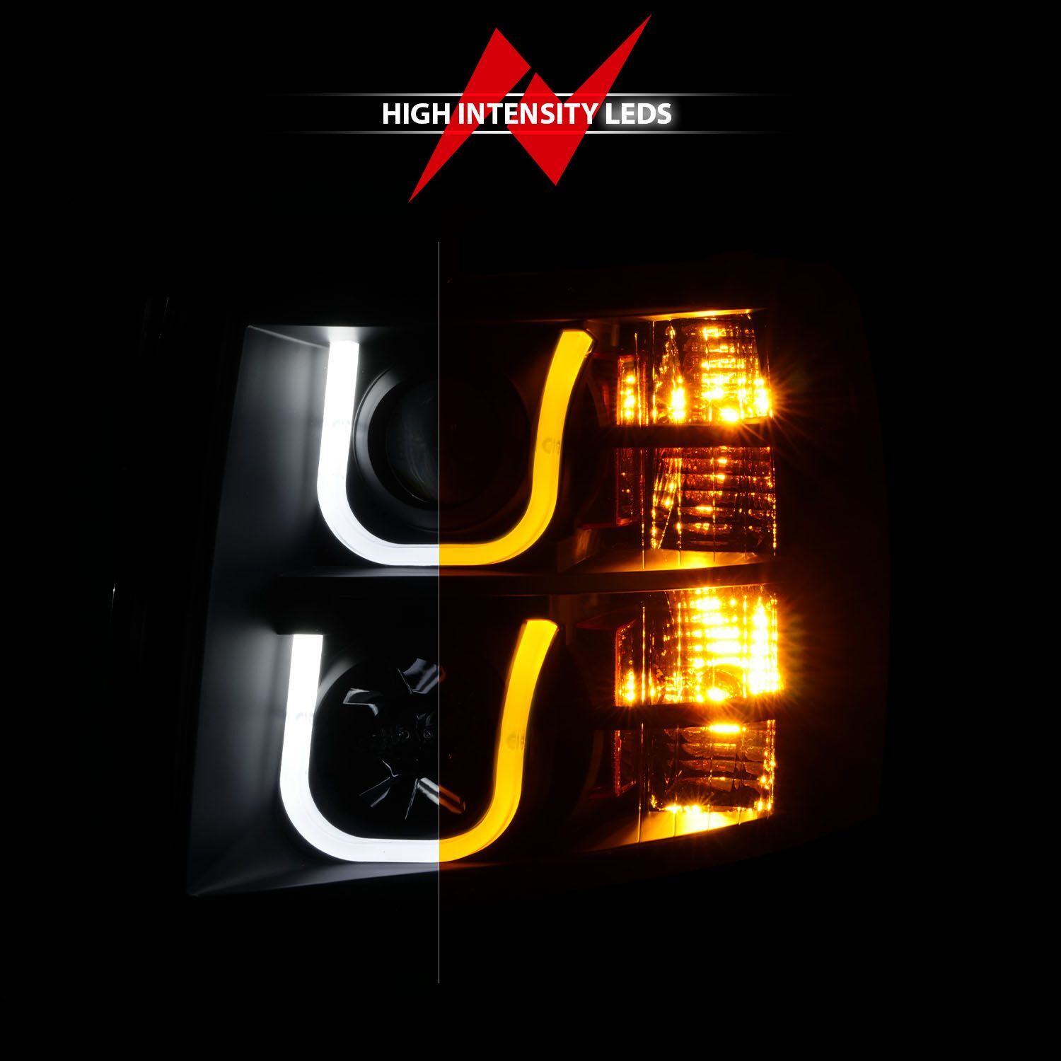 2007-2014 Chevrolet Silverado 1500/2500 HD/3500 HD Anzo Projector Headlights W/ U-Bar Switchback Black W/ Amber