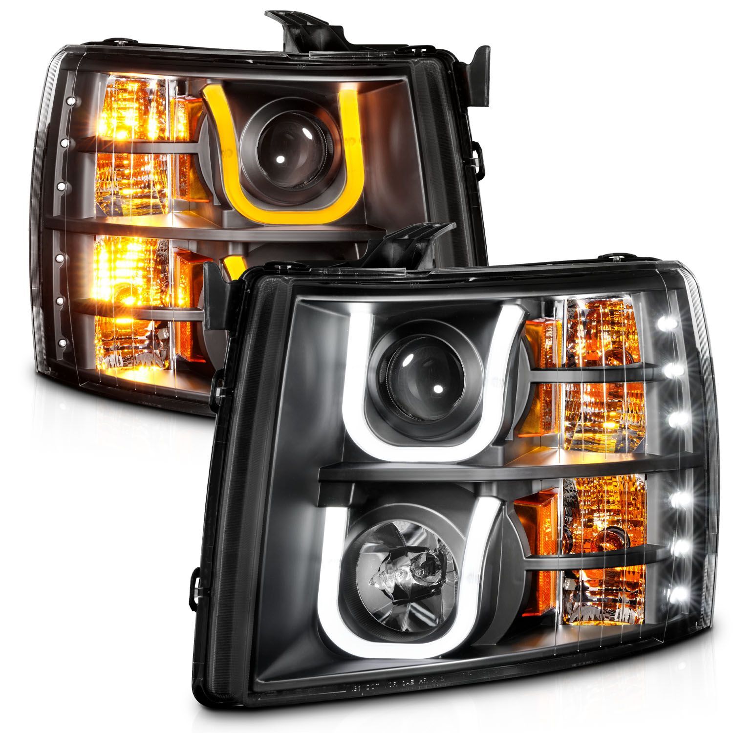 2007-2014 Chevrolet Silverado 1500/2500 HD/3500 HD Anzo Projector Headlights W/ U-Bar Switchback Black W/ Amber - 111384