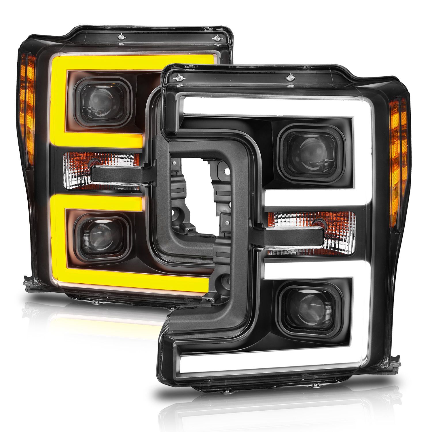 2017-2019 Ford F-250/F-350/F-450 Super Duty Anzo Projector Headlights W/ Plank Style Switchback Black W/ Amber - 111388