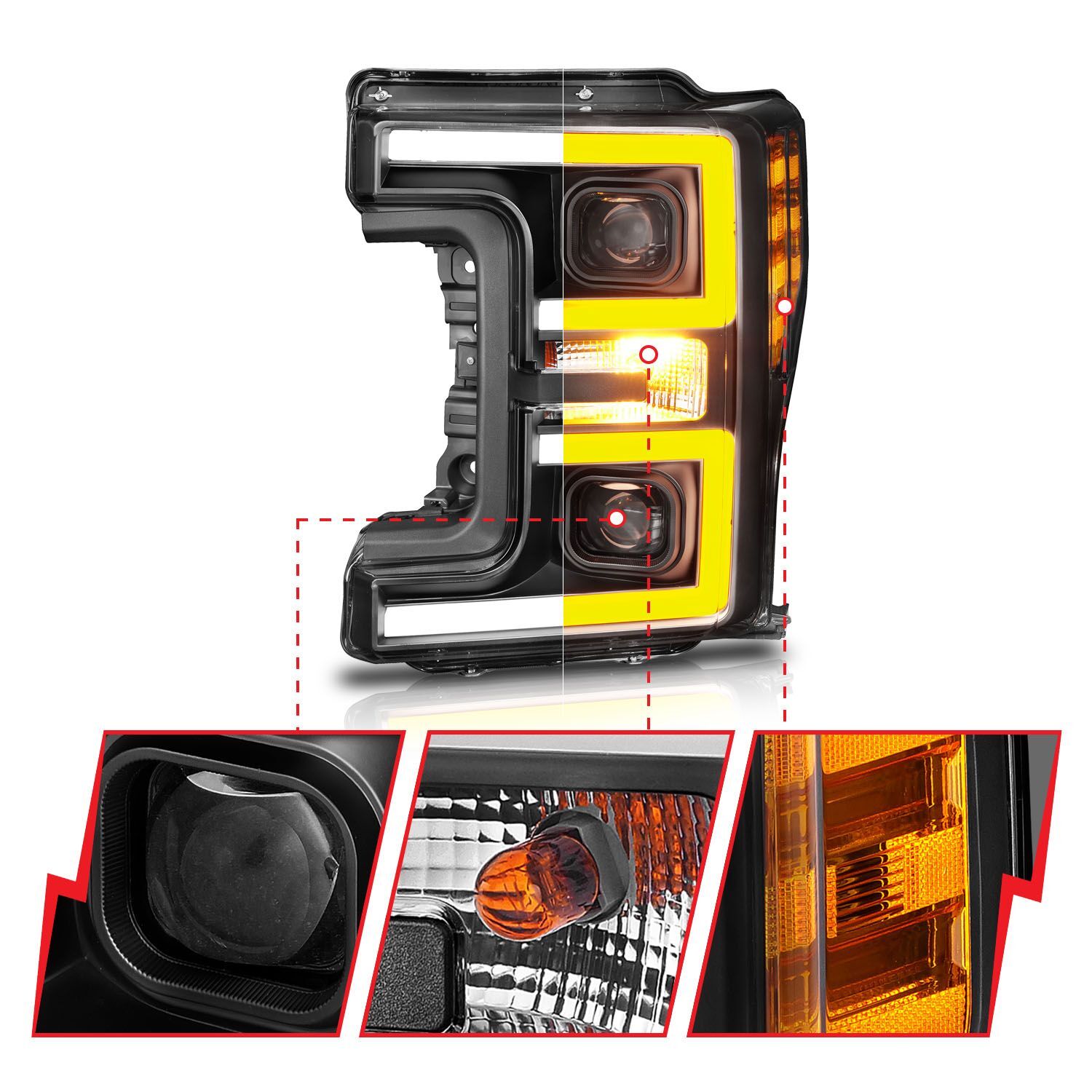 2017-2019 Ford F-250/F-350/F-450 Super Duty Anzo Projector Headlights W/ Plank Style Switchback Black W/ Amber