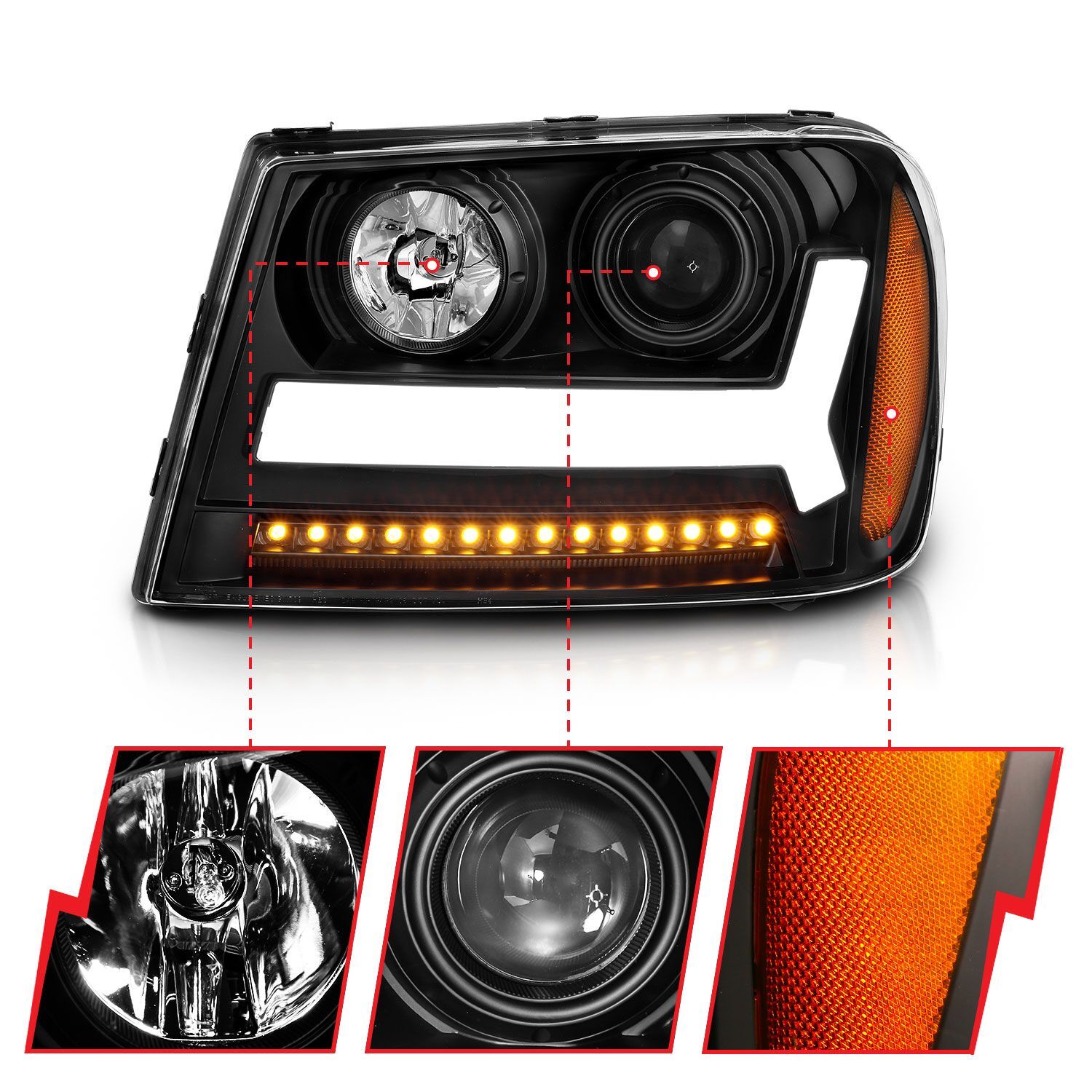 2006-2009 Chevrolet Trailblazer LT Anzo Projector Headlights W/ Plank Style Design Black W/ Amber