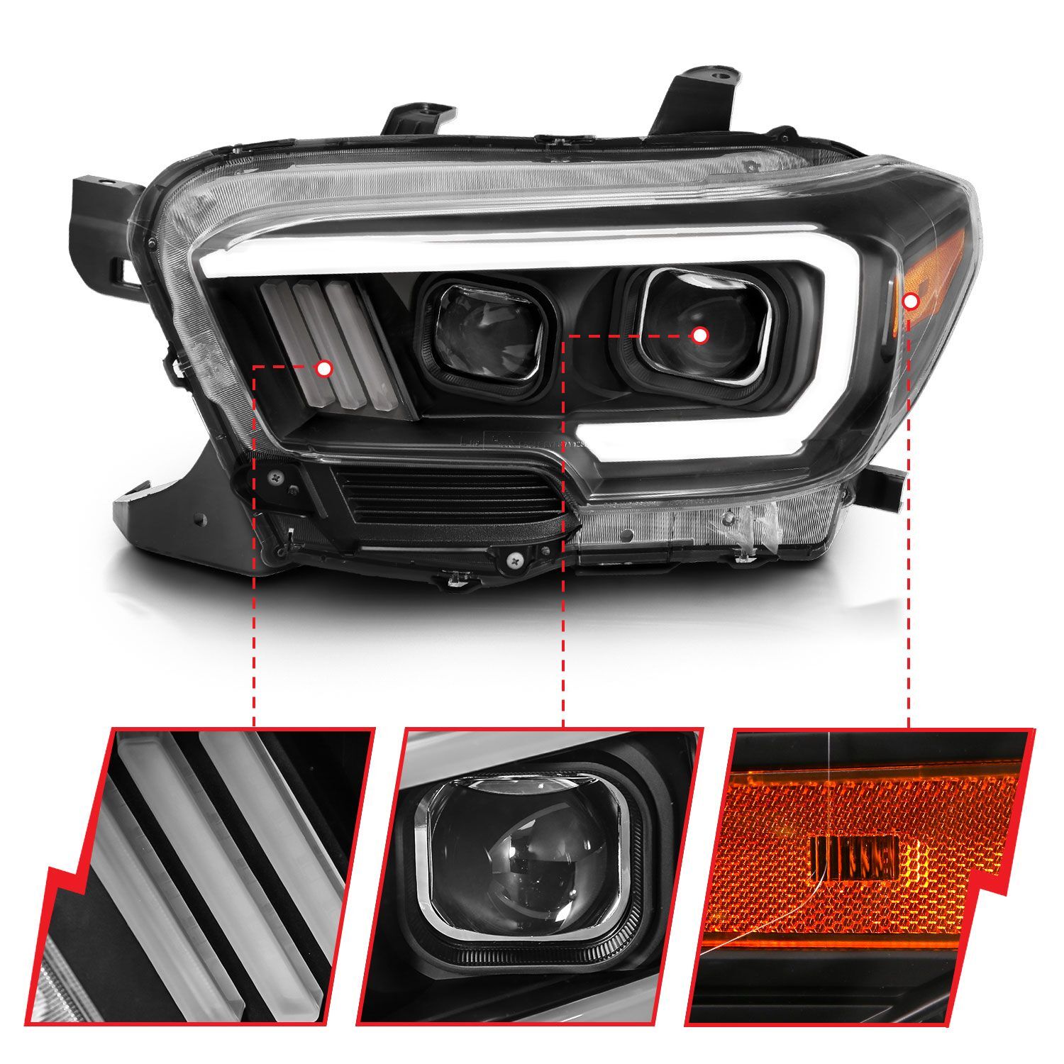 2016-2023 Toyota Tacoma Anzo Projector Headlights W/ Plank Style Switchback Black W/ Amber