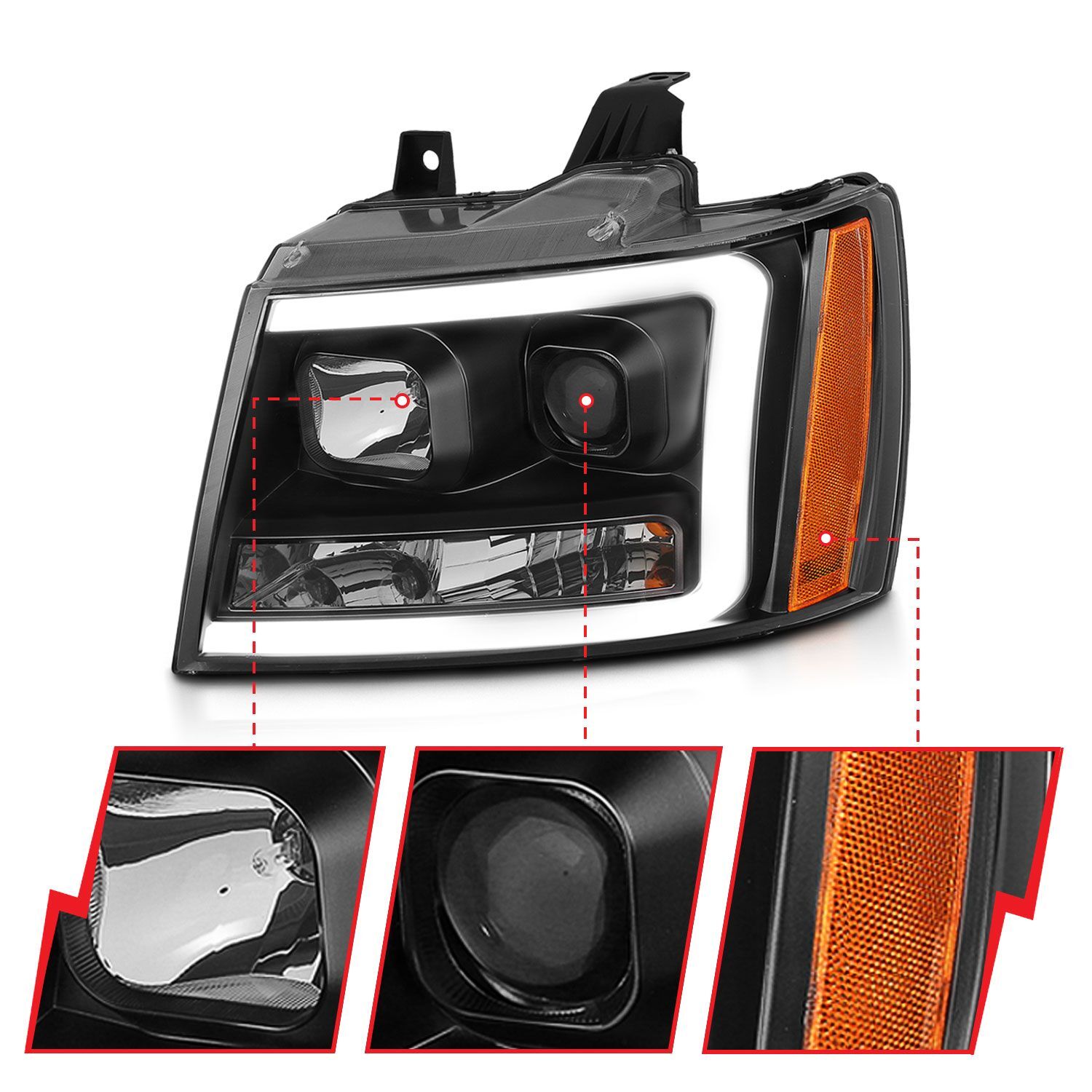 2007-2014 Chevrolet Avalanche/Suburban/Tahoe Anzo Projector Headlights W/ Plank Style Switchback Black W/ Amber