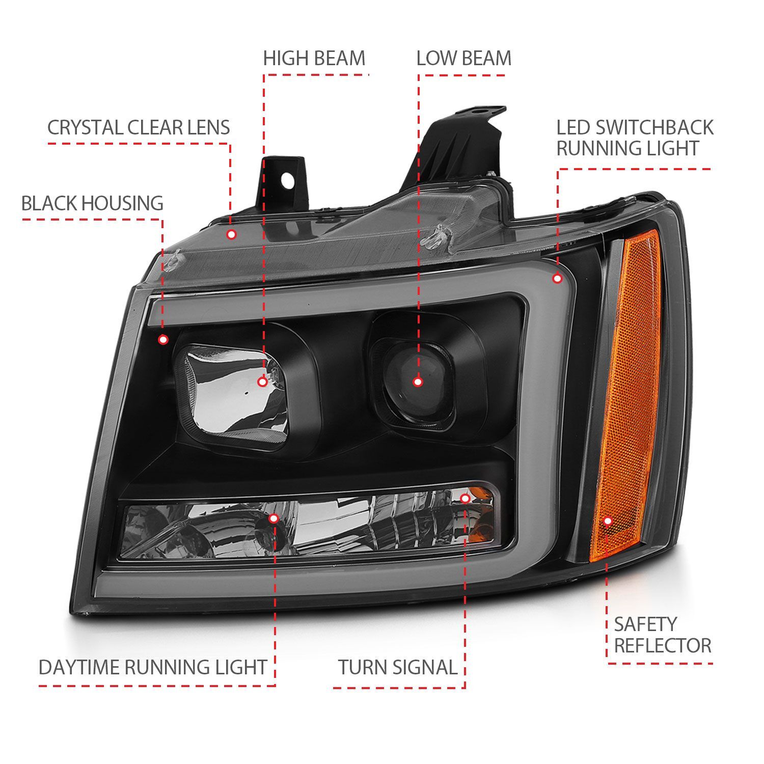 2007-2014 Chevrolet Avalanche/Suburban/Tahoe Anzo Projector Headlights W/ Plank Style Switchback Black W/ Amber