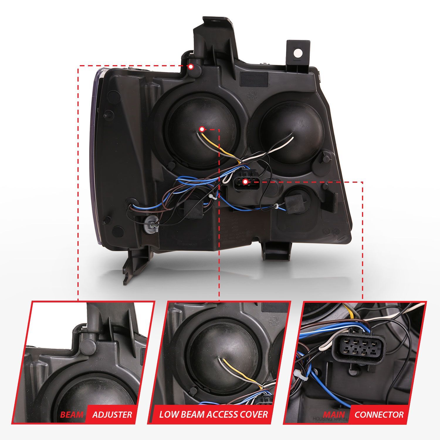 2007-2014 Chevrolet Avalanche/Suburban/Tahoe Anzo Projector Headlights W/ Plank Style Switchback Black W/ Amber