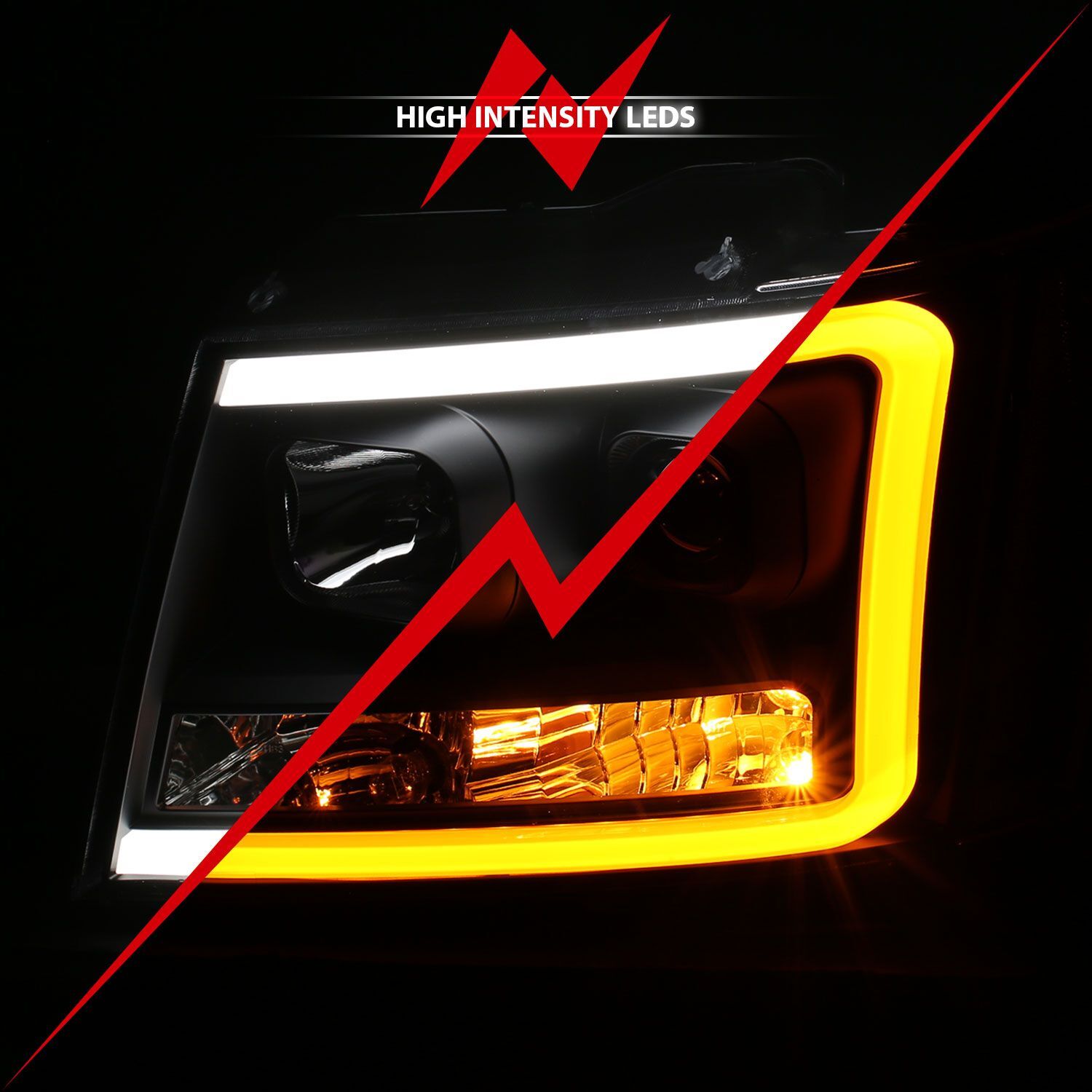 2007-2014 Chevrolet Avalanche/Suburban/Tahoe Anzo Projector Headlights W/ Plank Style Switchback Black W/ Amber
