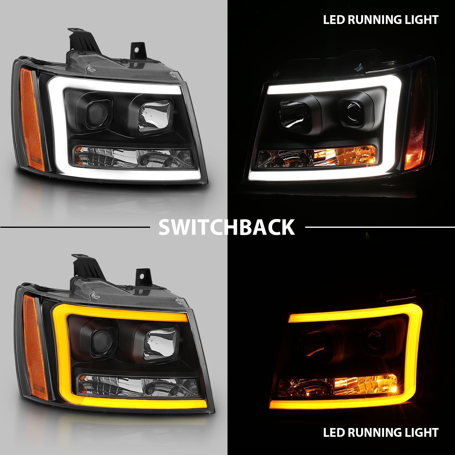 2007-2014 Chevrolet Avalanche/Suburban/Tahoe Anzo Projector Headlights W/ Plank Style Switchback Black W/ Amber