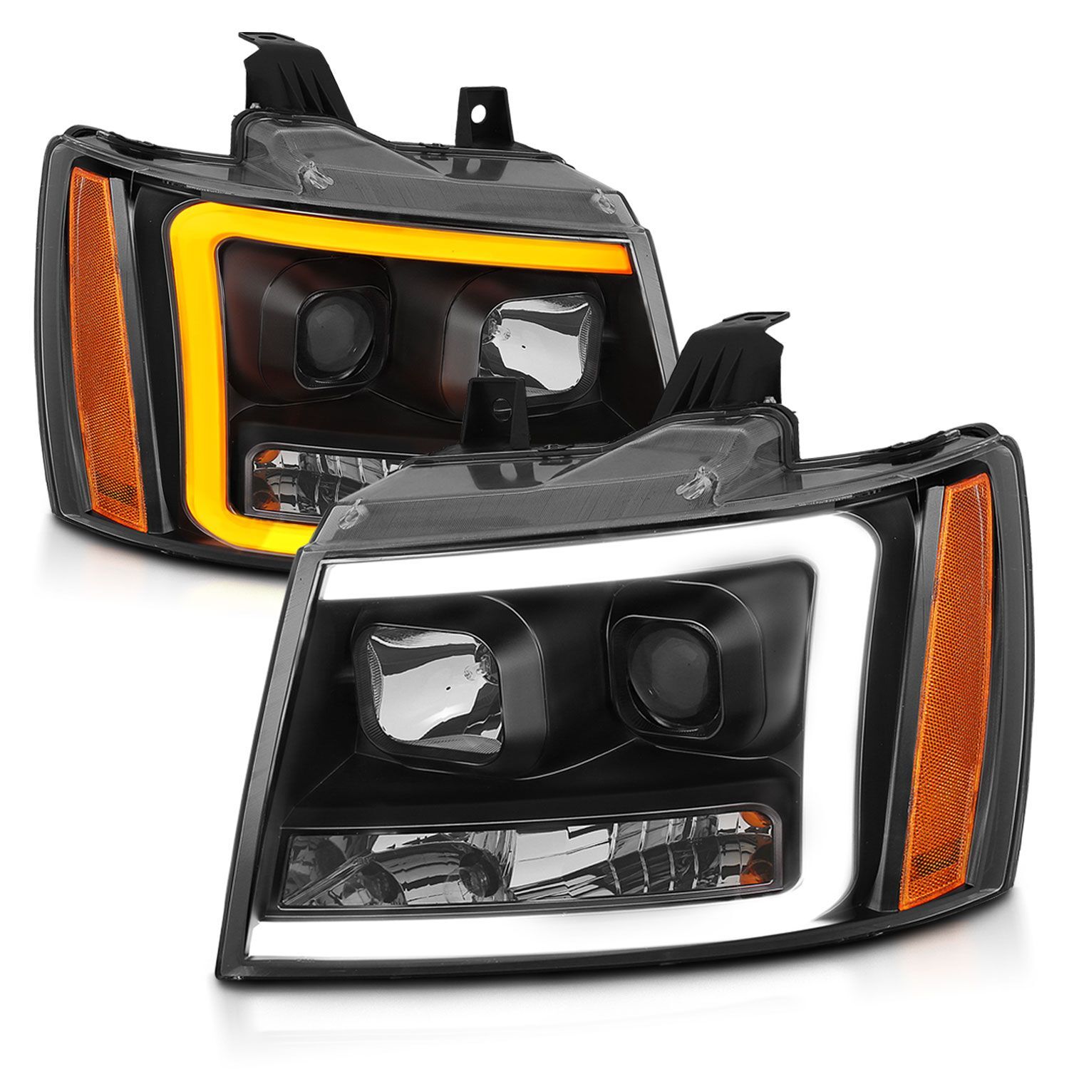2007-2014 Chevrolet Avalanche/Suburban/Tahoe Anzo Projector Headlights W/ Plank Style Switchback Black W/ Amber - 111402