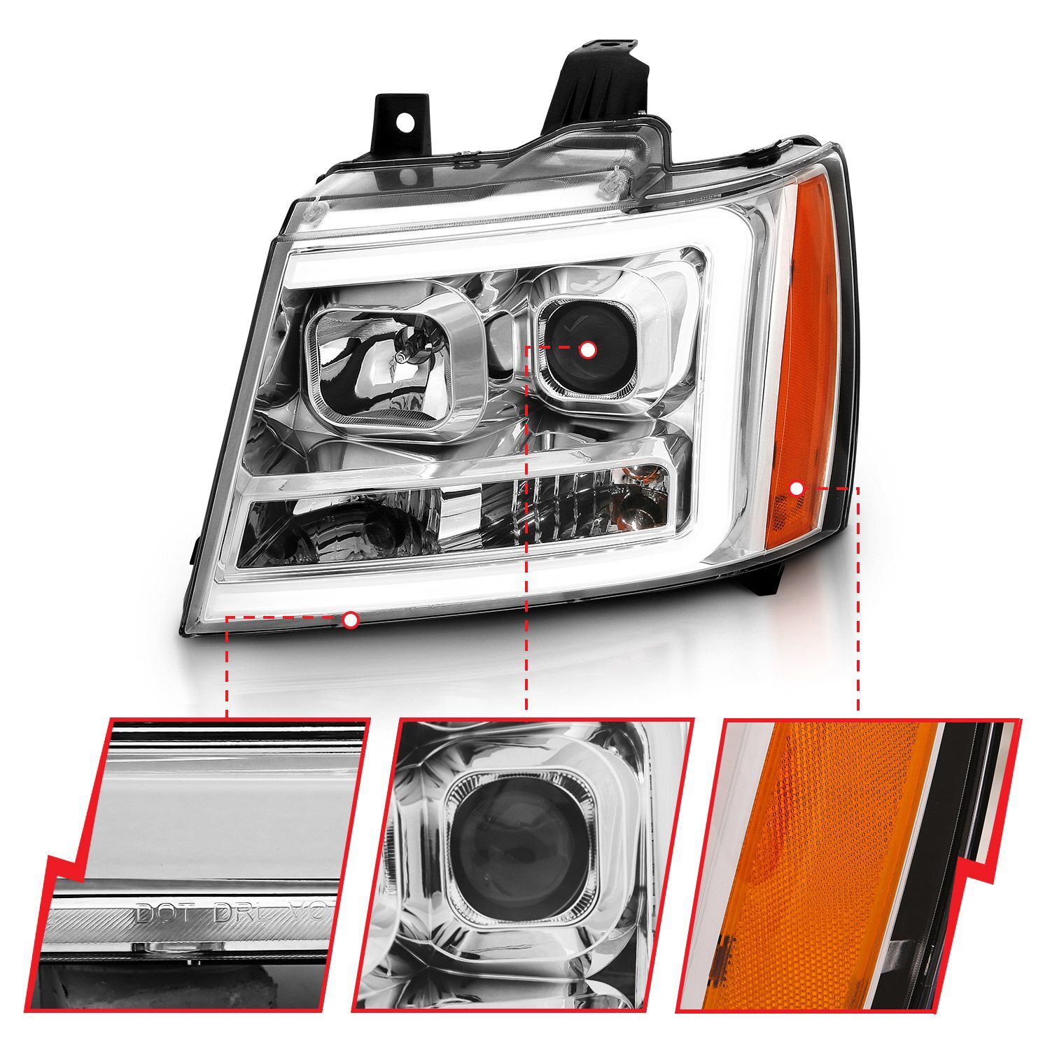 2007-2014 Chevrolet Avalanche/Suburban/Tahoe Anzo Projector Headlights W/ Plank Style Switchback Chrome W/ Amber